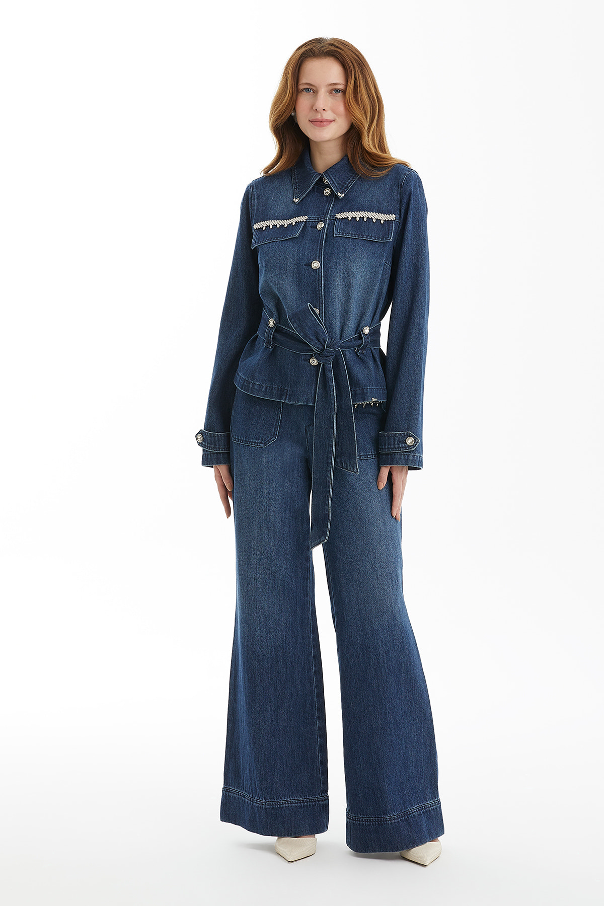 Kuşak Bağlamalı Taşlı Mavi Denim Ceket