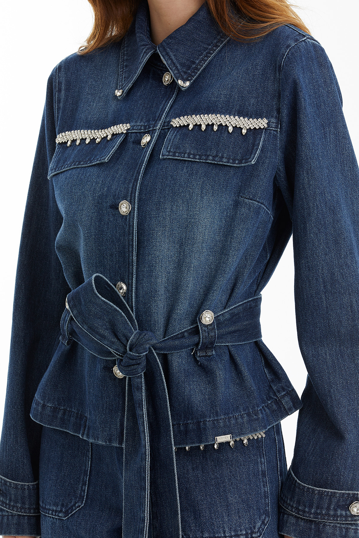 Kuşak Bağlamalı Taşlı Mavi Denim Ceket