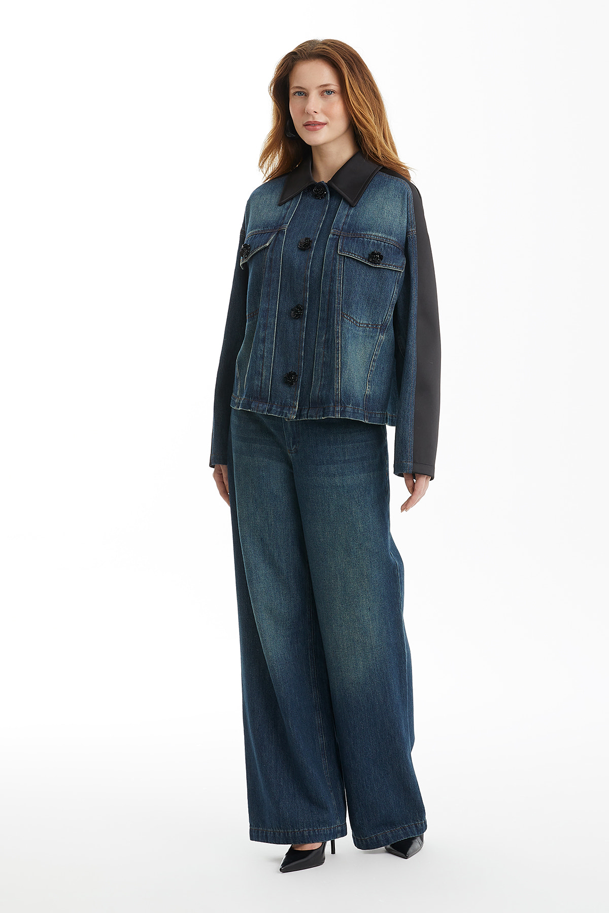 Garnili İşlemeli Mavi Denim Ceket