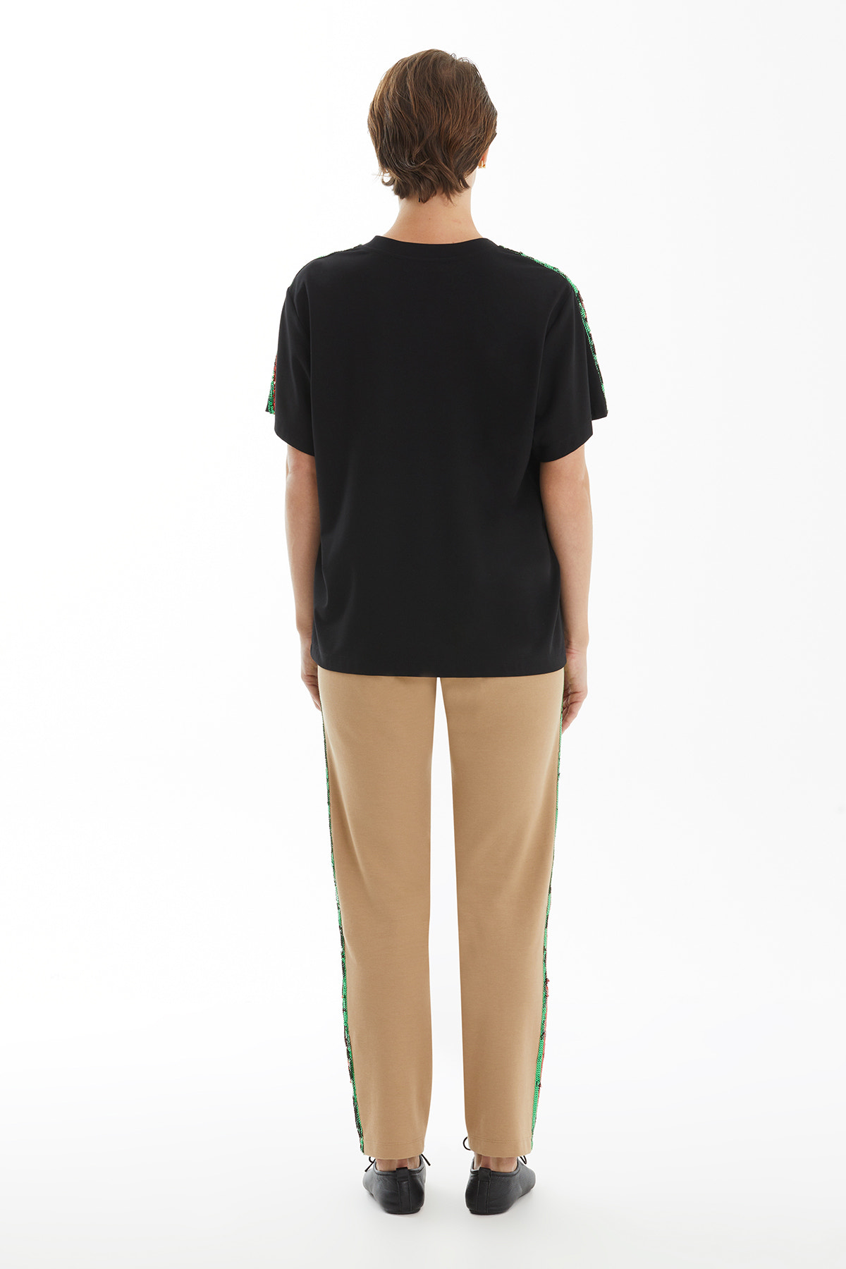 Şerit Detaylı Basic Siyah T-Shirt