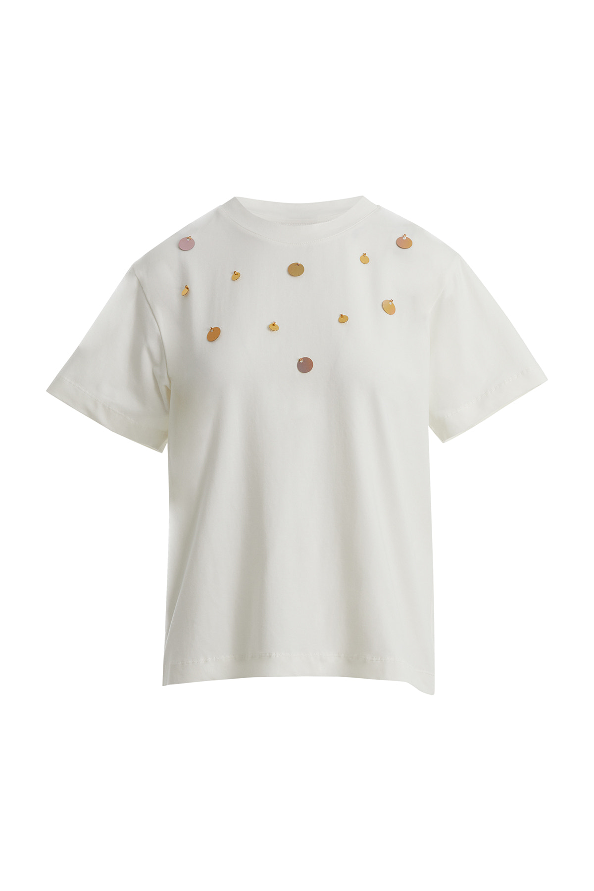 Kırmızı Payet Detaylı Ekru T-Shirt
