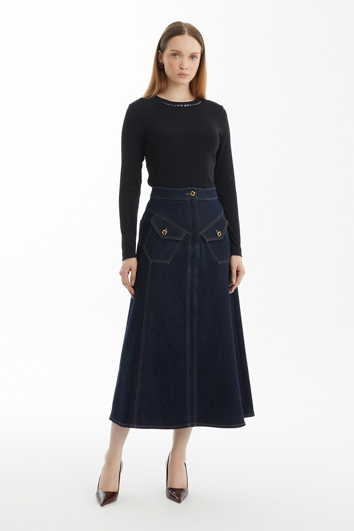 Cep Düğmeli A Form Lacivert Denim Etek