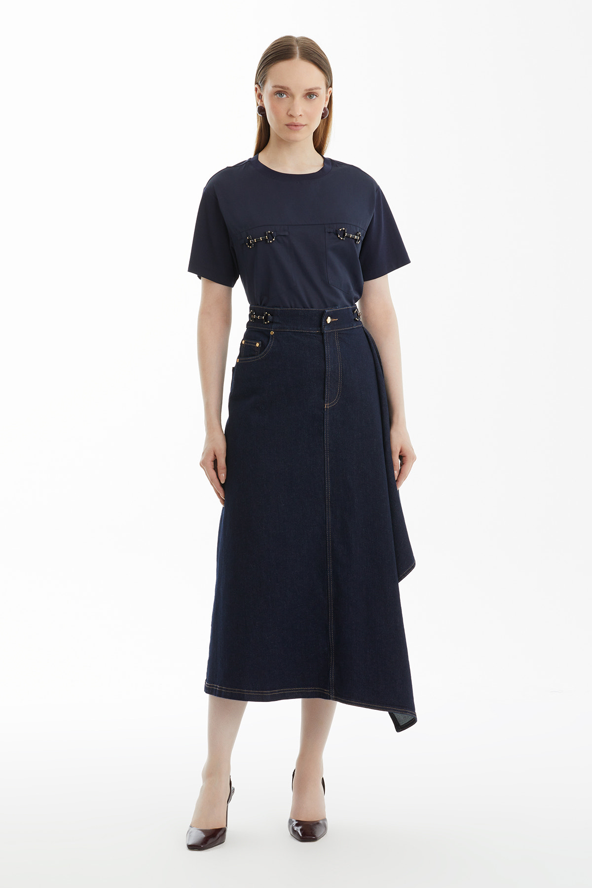 Fırfır Detaylı Lacivert Denim Etek