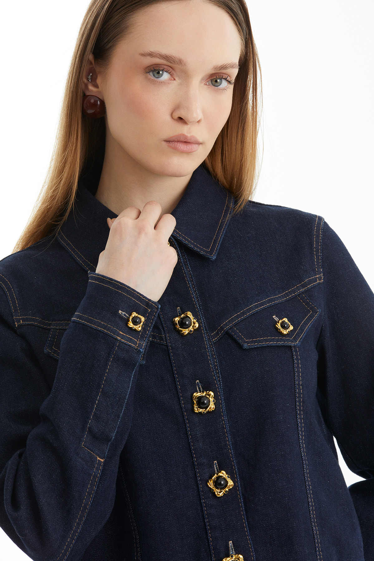 Düğme Detaylı Lacivert Denim Ceket
