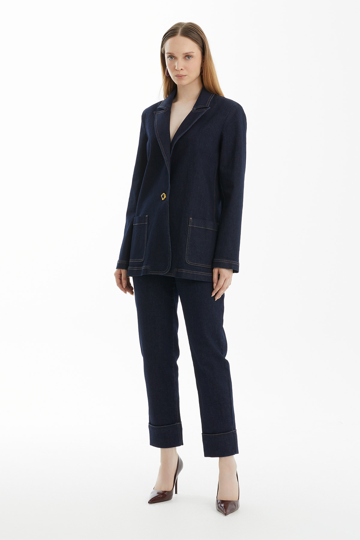 Mono Kapamalı Lacivert Denim Ceket