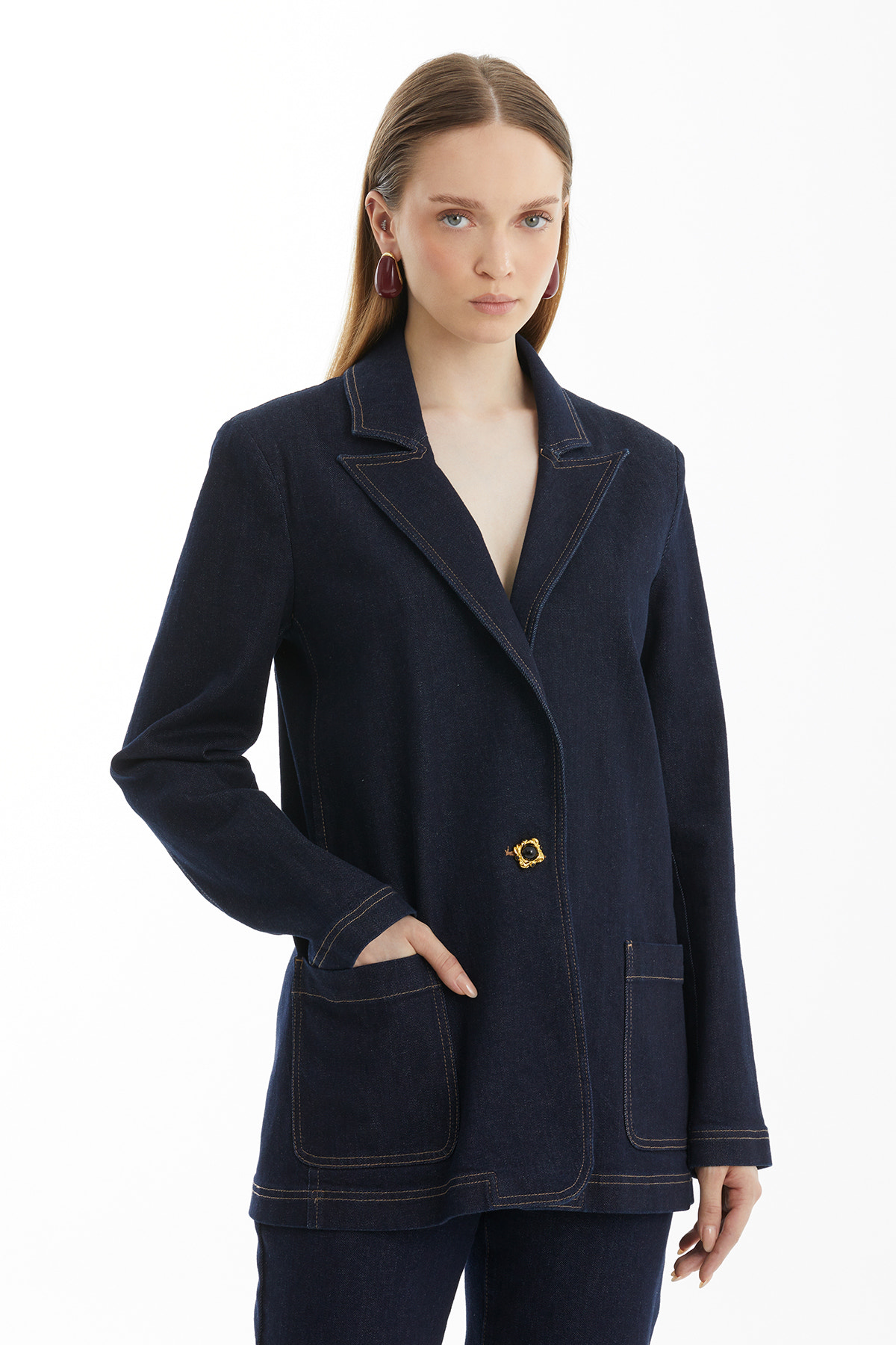 Mono Kapamalı Lacivert Denim Ceket