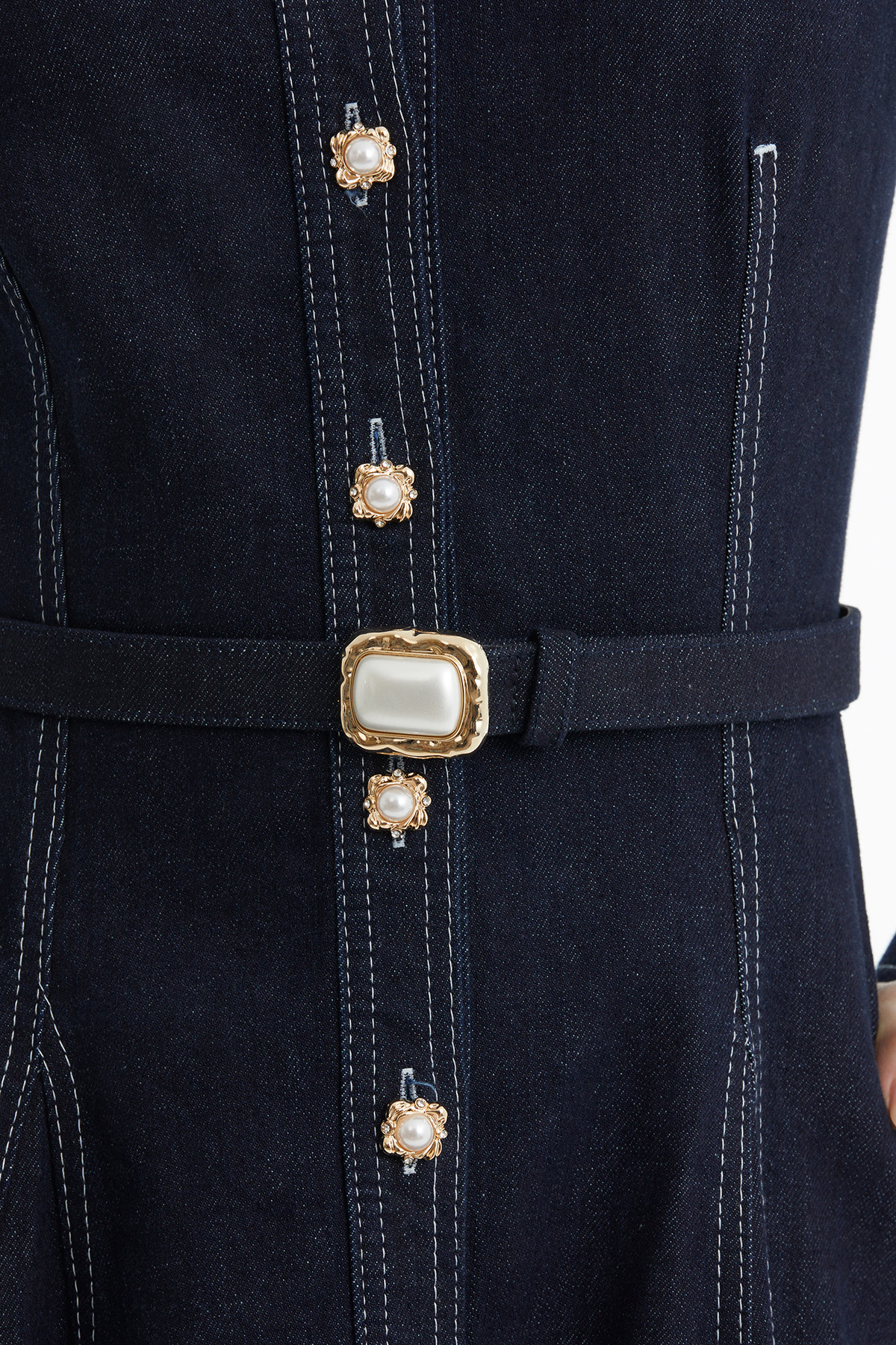 Kontrast Dikişli Kemerli Lacivert Denim Elbise