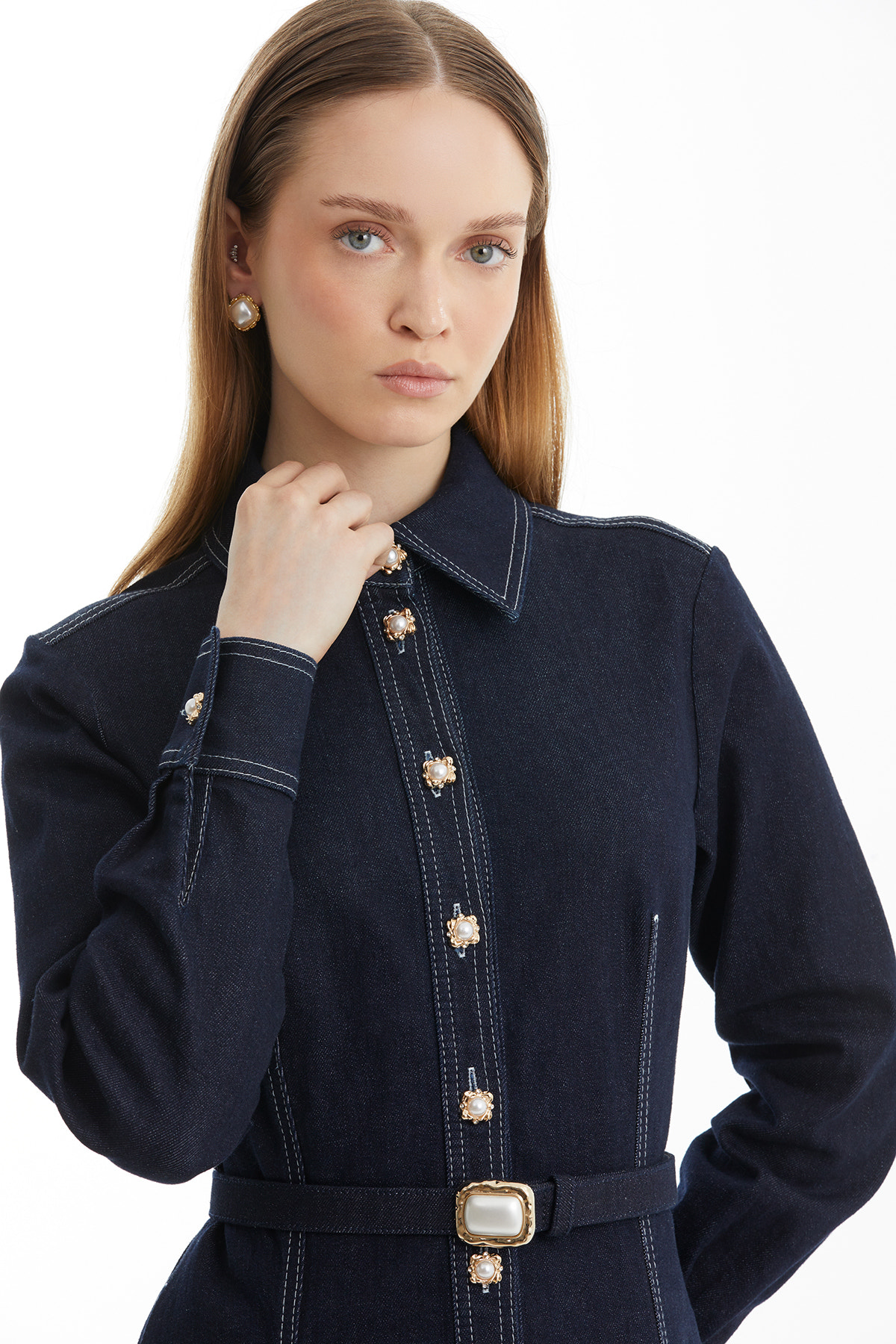 Kontrast Dikişli Kemerli Lacivert Denim Elbise