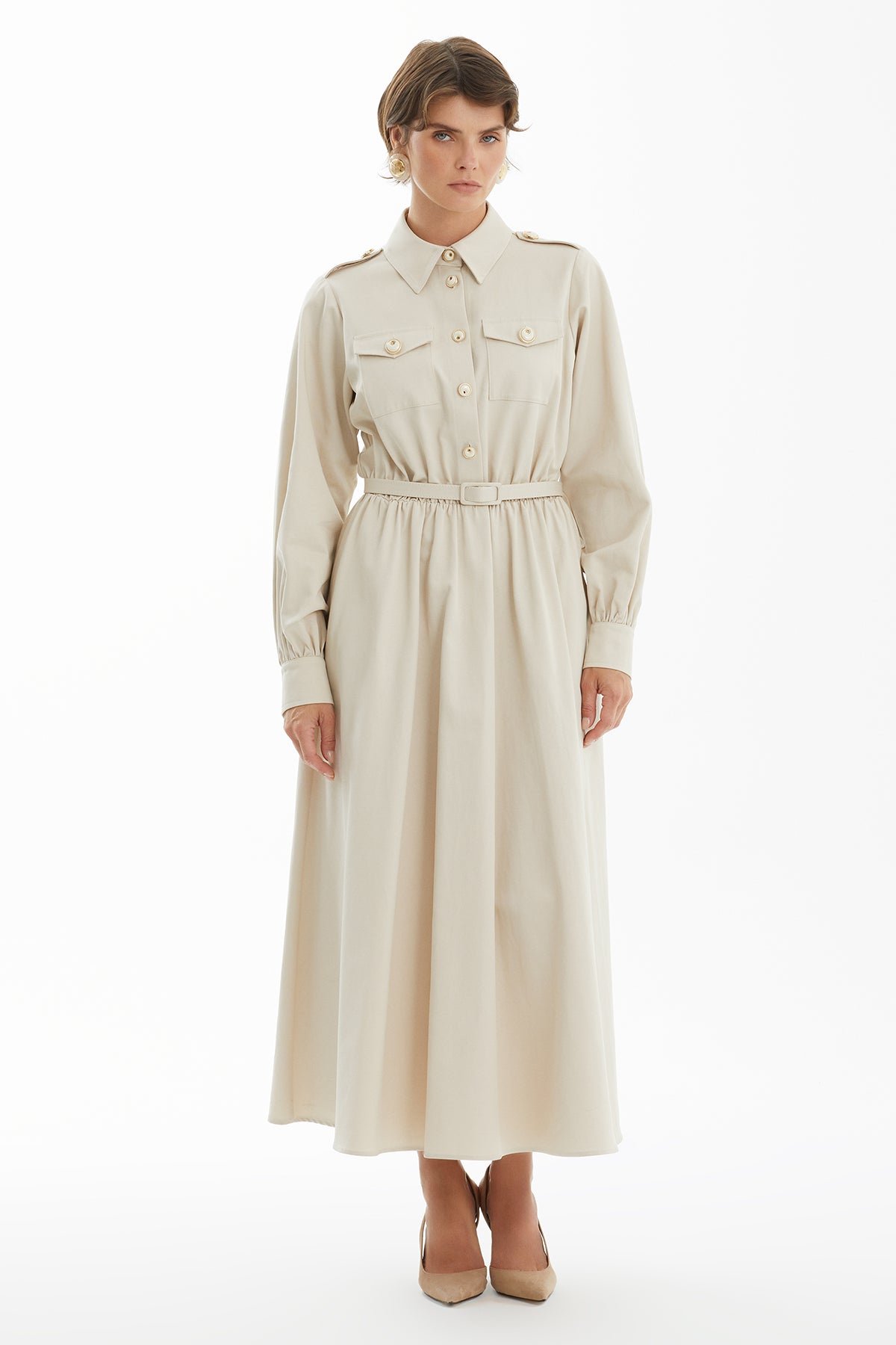 Kemerli Ekru Uzun Gömlek Elbise