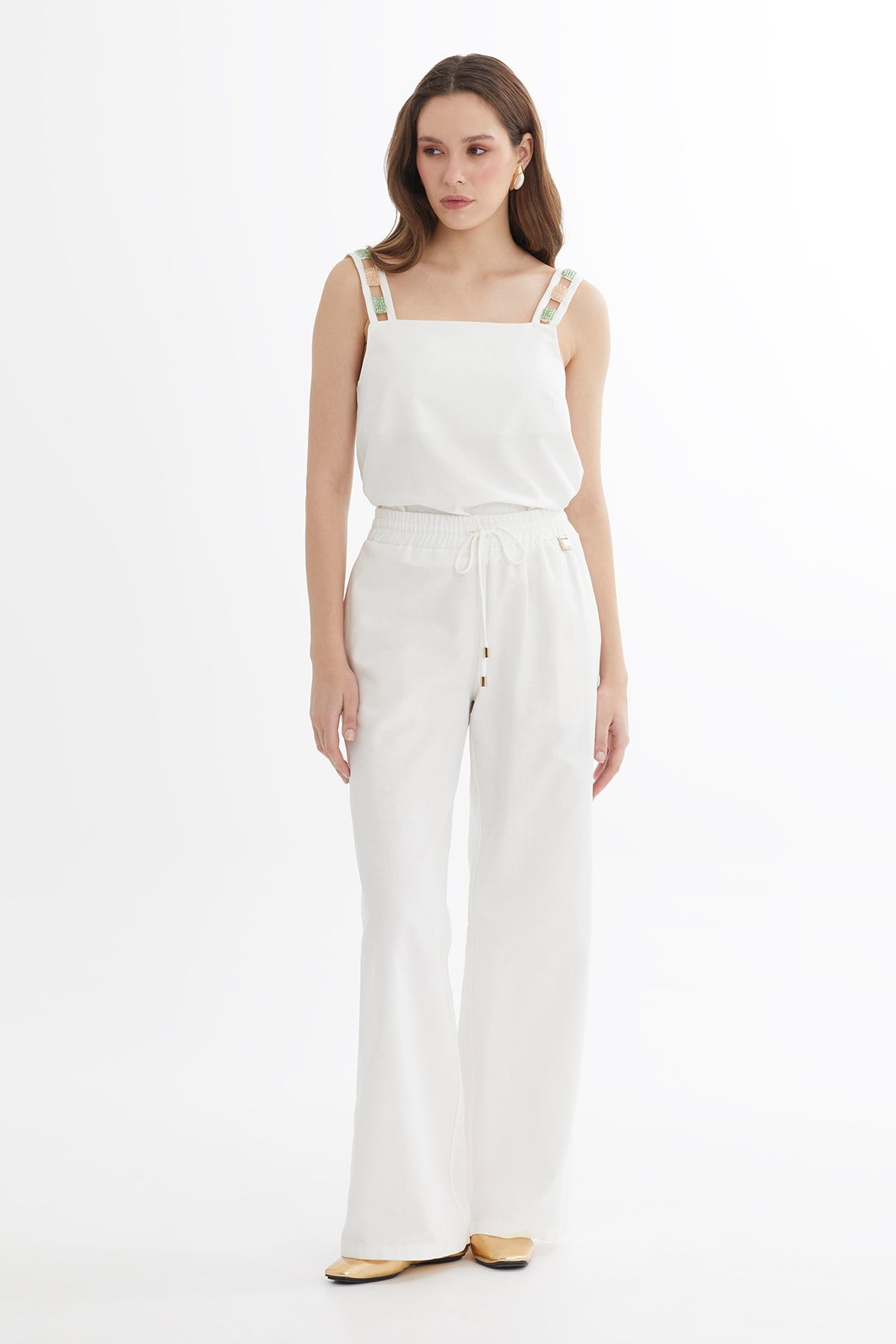 Bağlamalı Bol Paça Ekru Pantolon