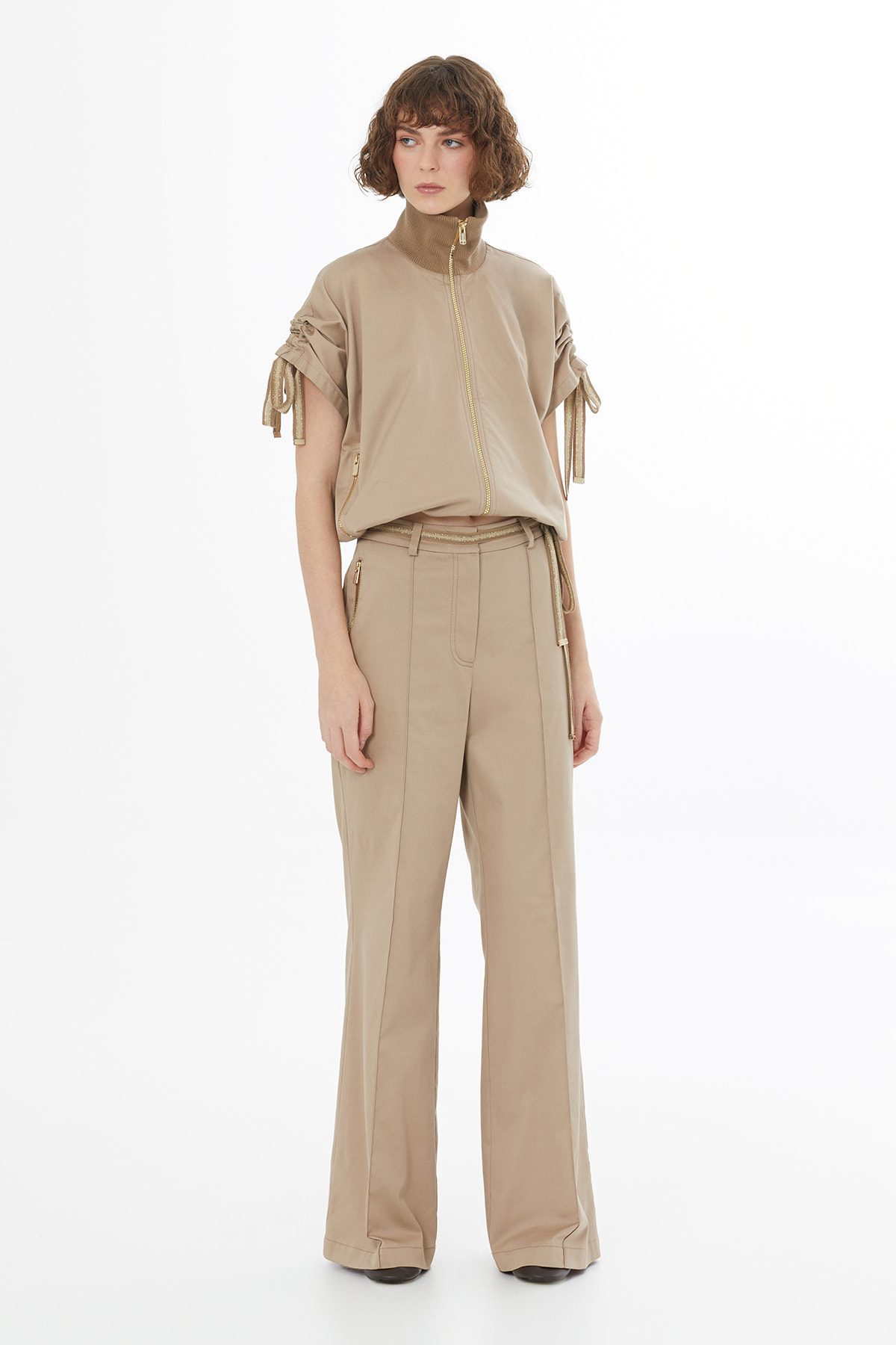 Şerit Triko Bağlamalı Bej Pantolon