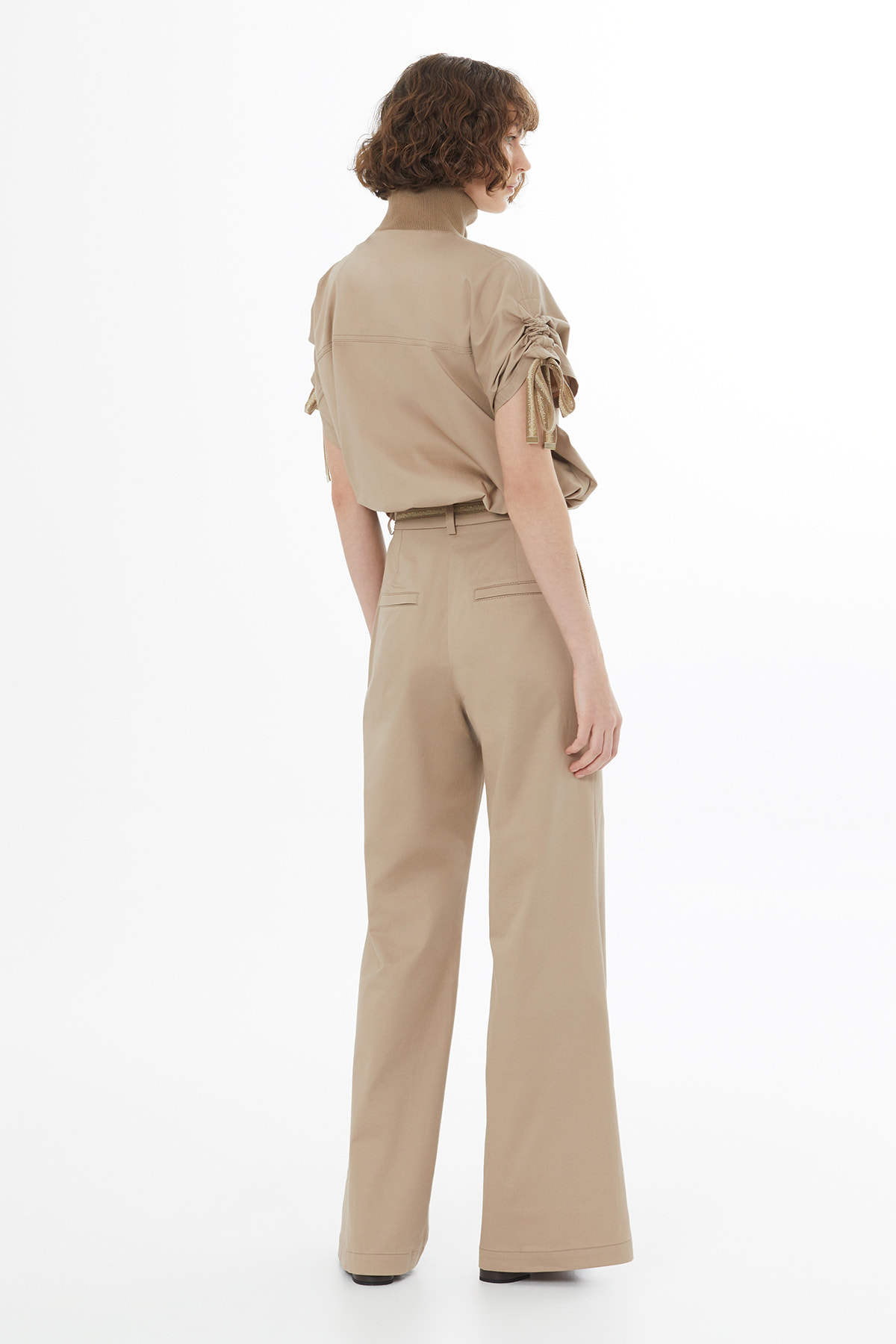 Şerit Triko Bağlamalı Bej Pantolon