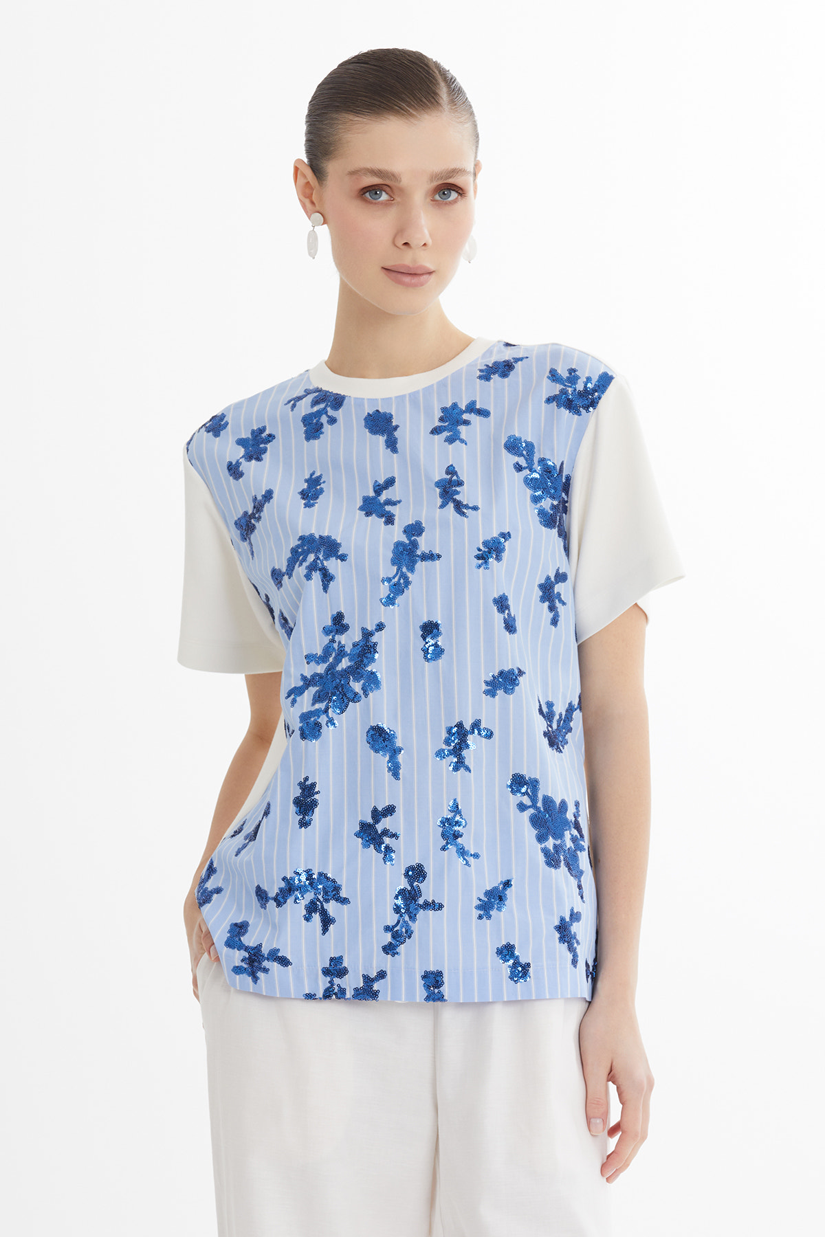 Çizgili Payetli Mavi T-Shirt