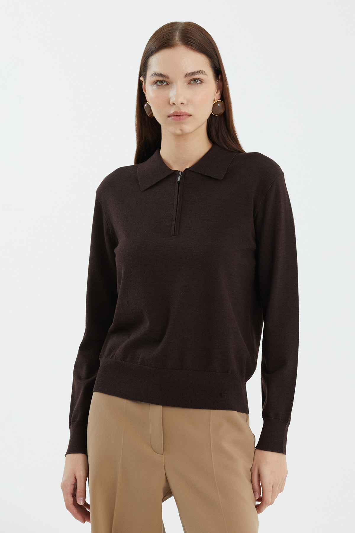 Yün ve İpek Karışımlı Kahverengi Triko