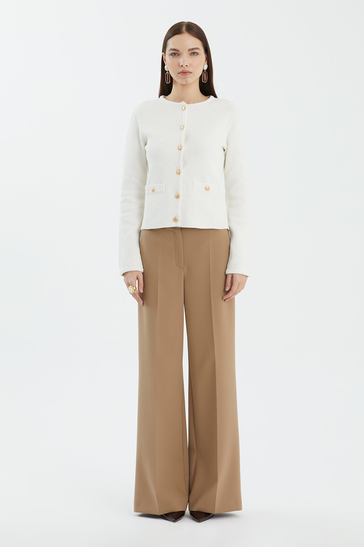 Bisiklet Yaka Düğmeli Beyaz Triko