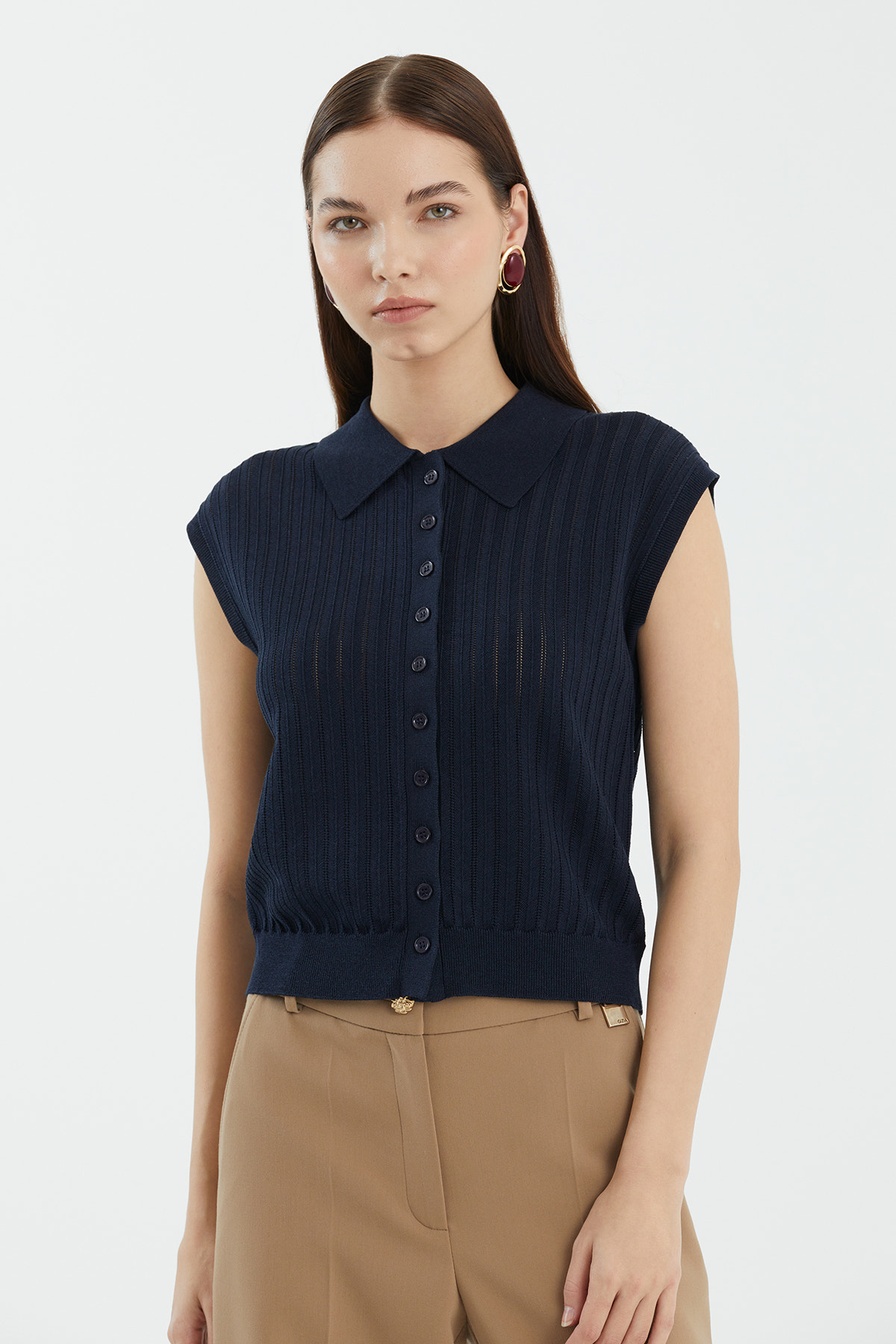 İpek Karışımlı Düşük Kol Mavi Triko