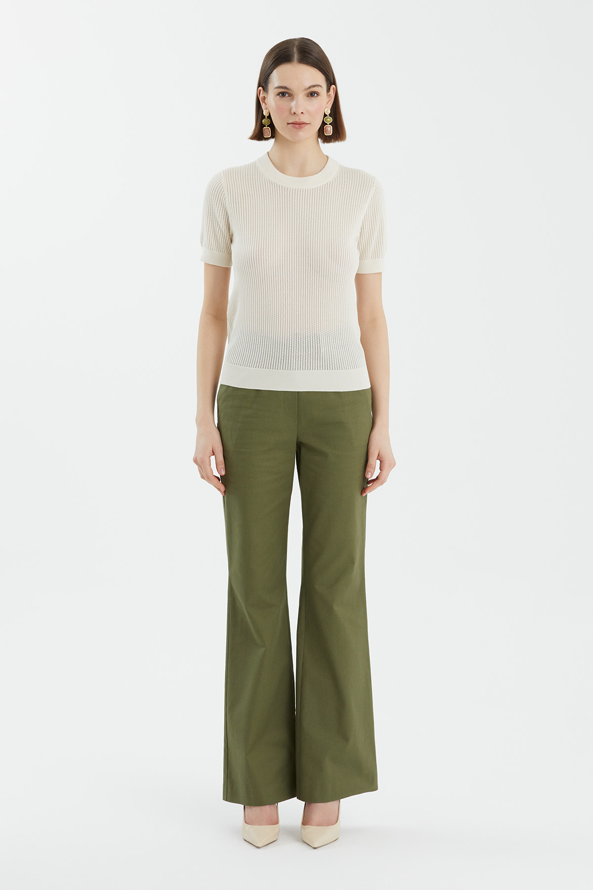 İpek Karışımlı Kısa Kollu Ekru Triko