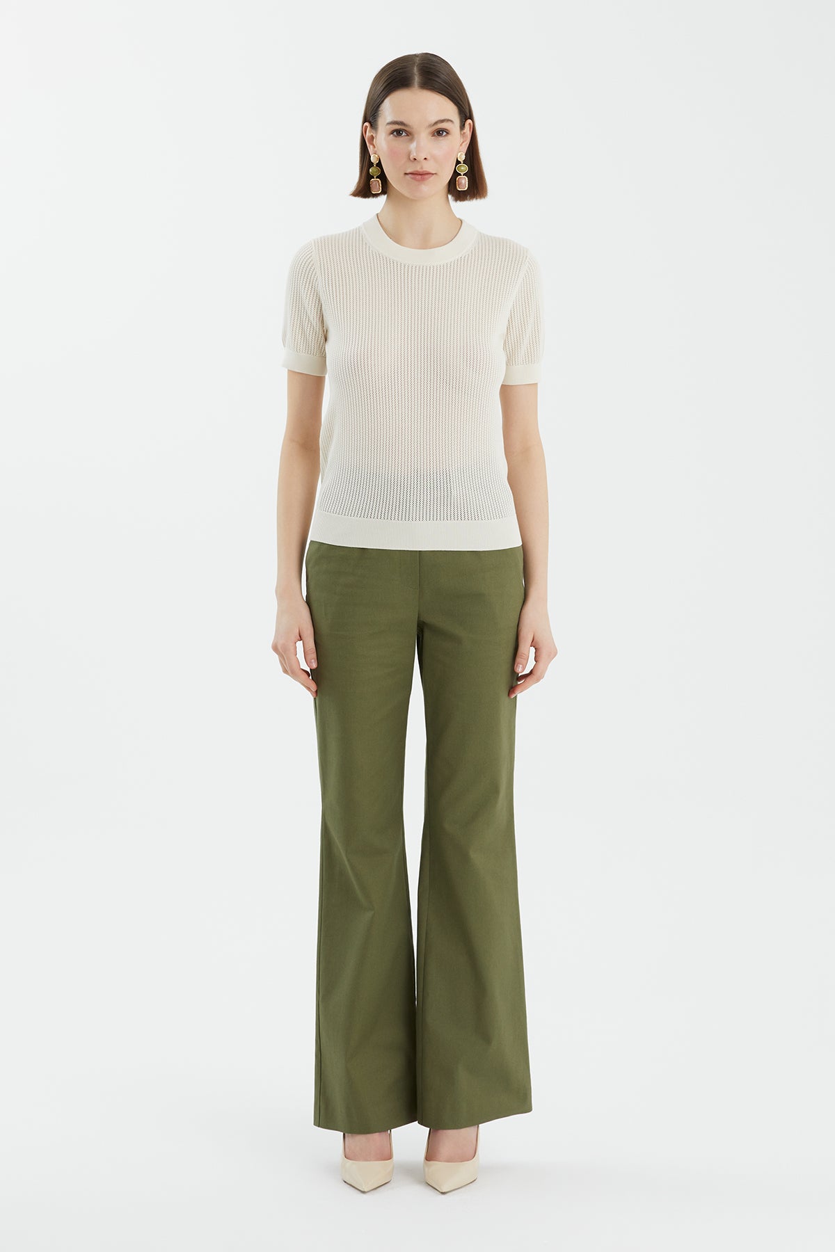 İpek Karışımlı Kısa Kollu Ekru Triko