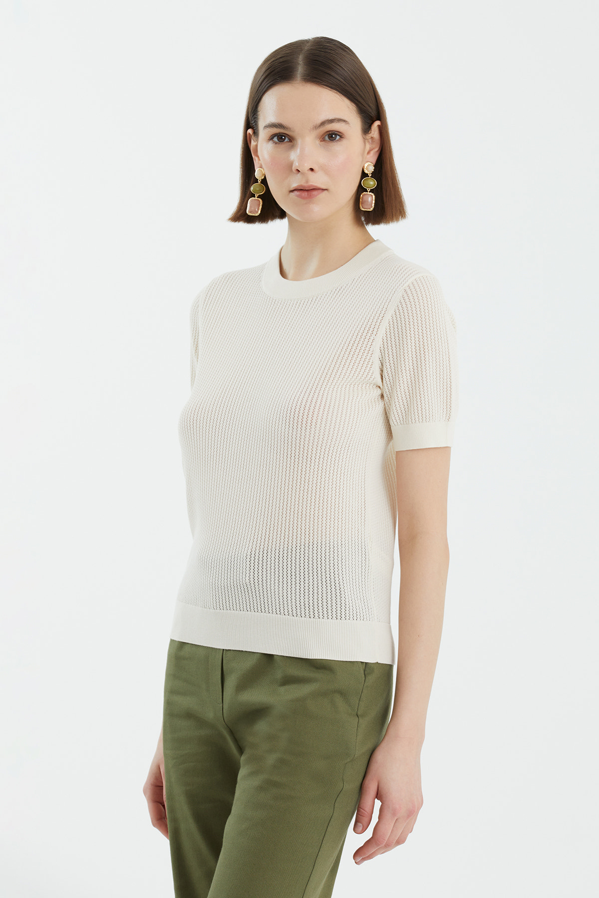 İpek Karışımlı Kısa Kollu Ekru Triko