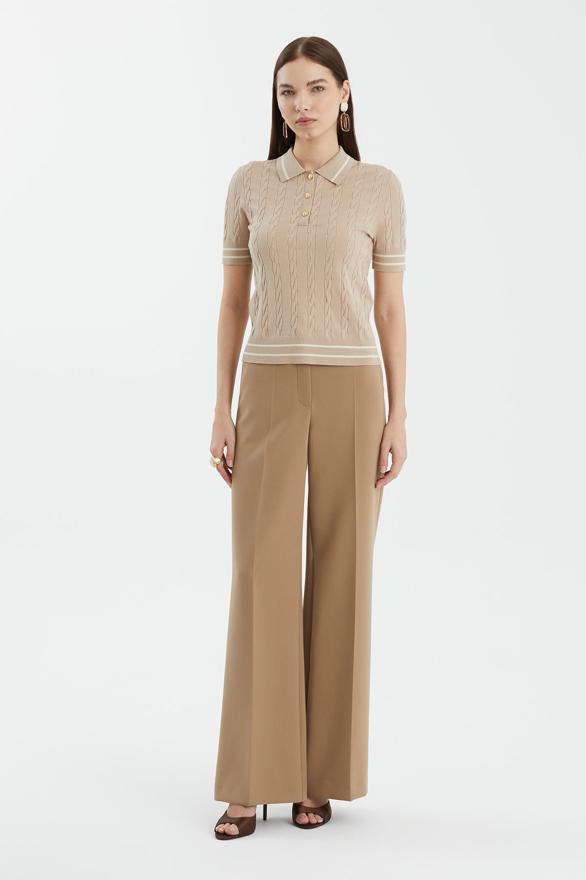 İpek Karışımlı Desenli Bej Triko