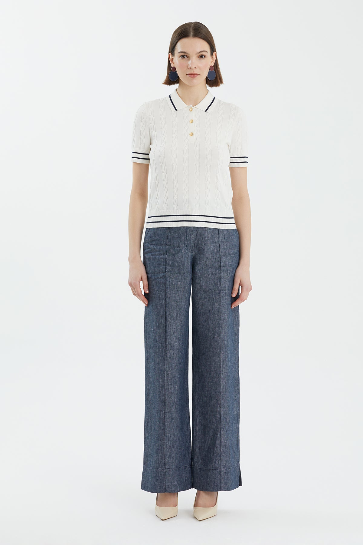 İpek Karışımlı Desenli Beyaz Triko