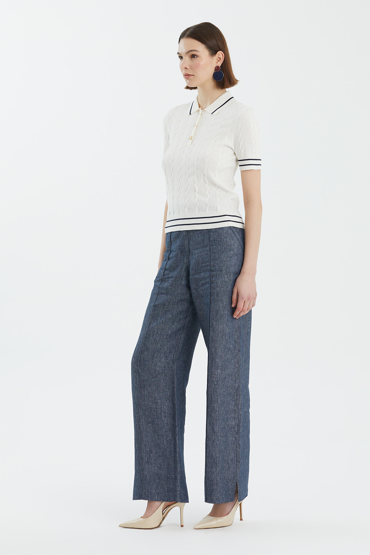 İpek Karışımlı Desenli Beyaz Triko