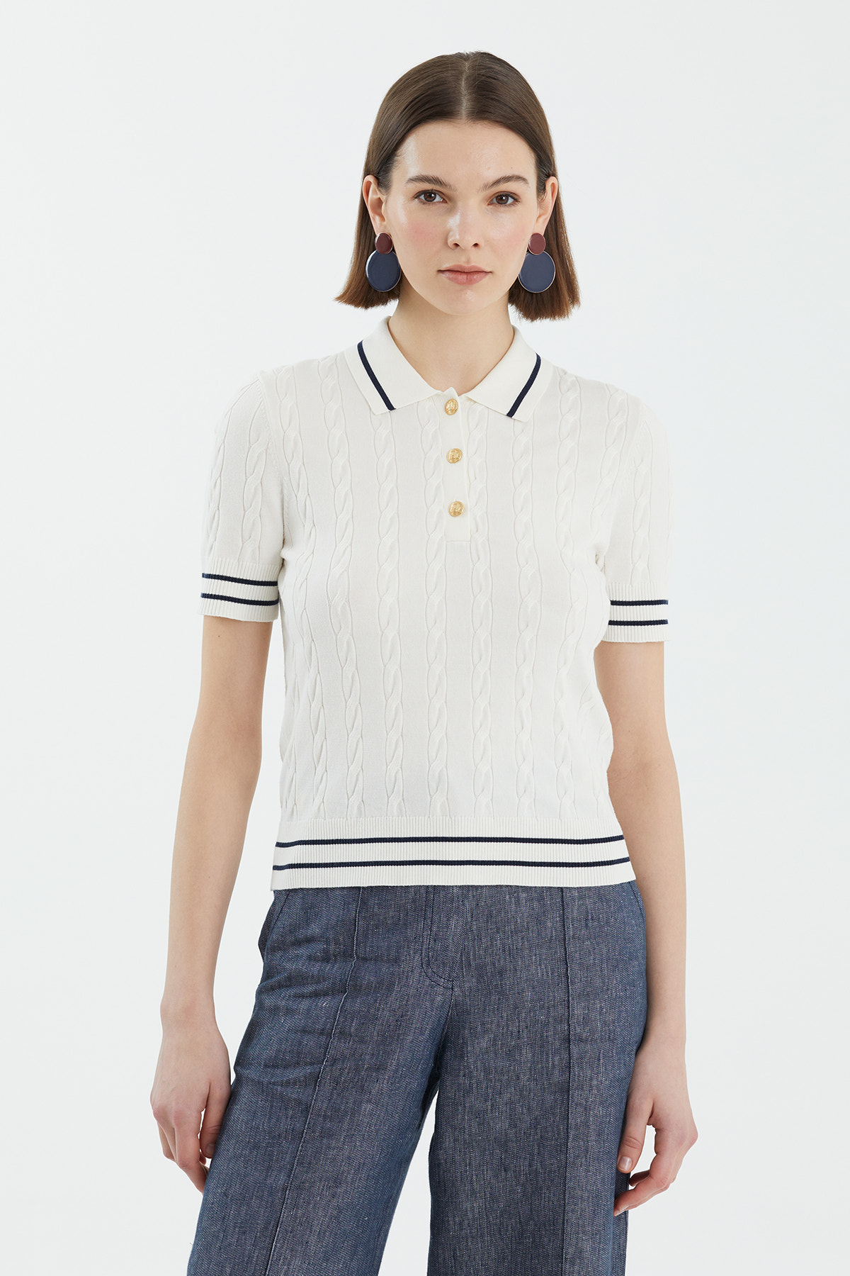 İpek Karışımlı Desenli Beyaz Triko