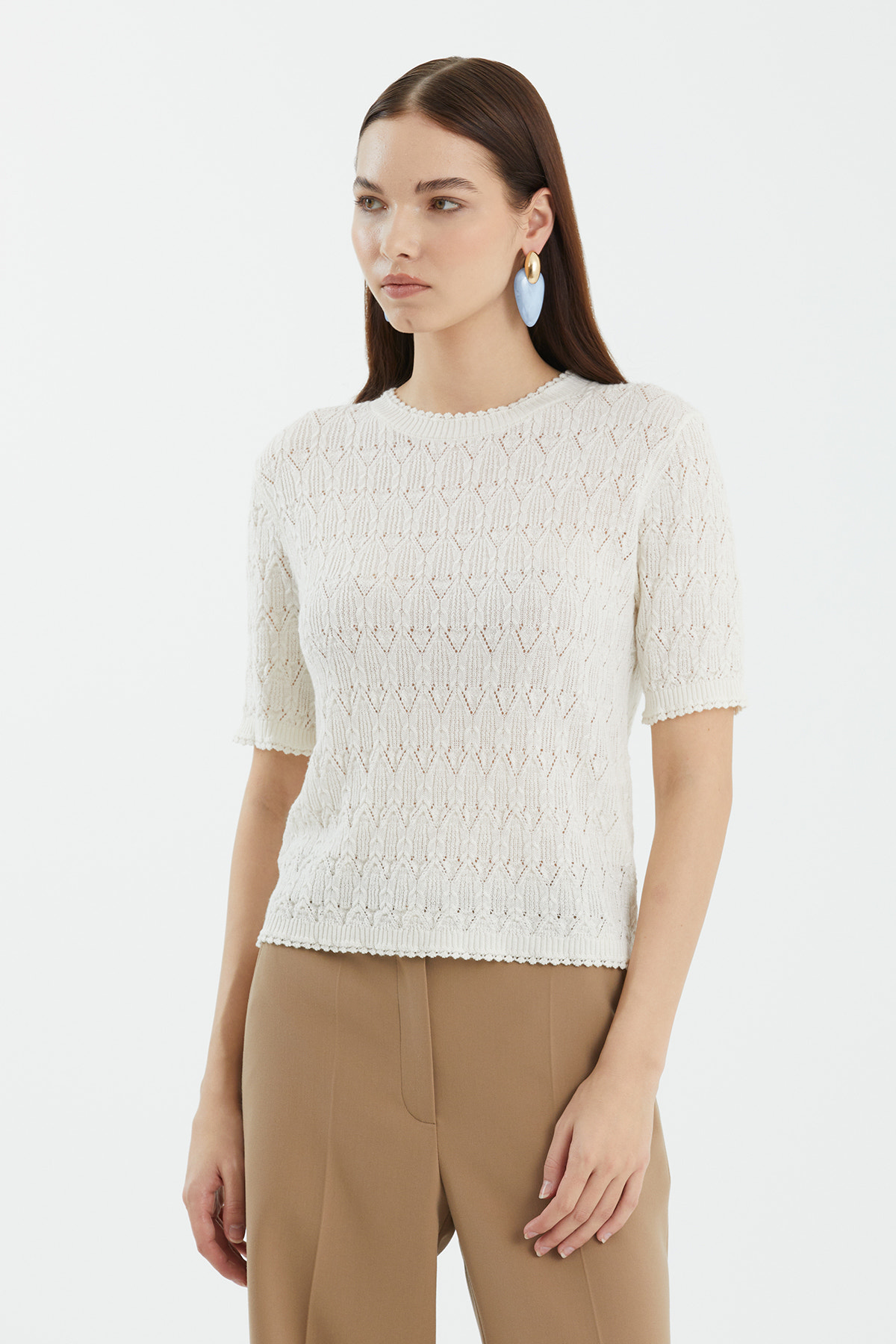 Yün Karışımlı Kısa Kollu Beyaz Triko