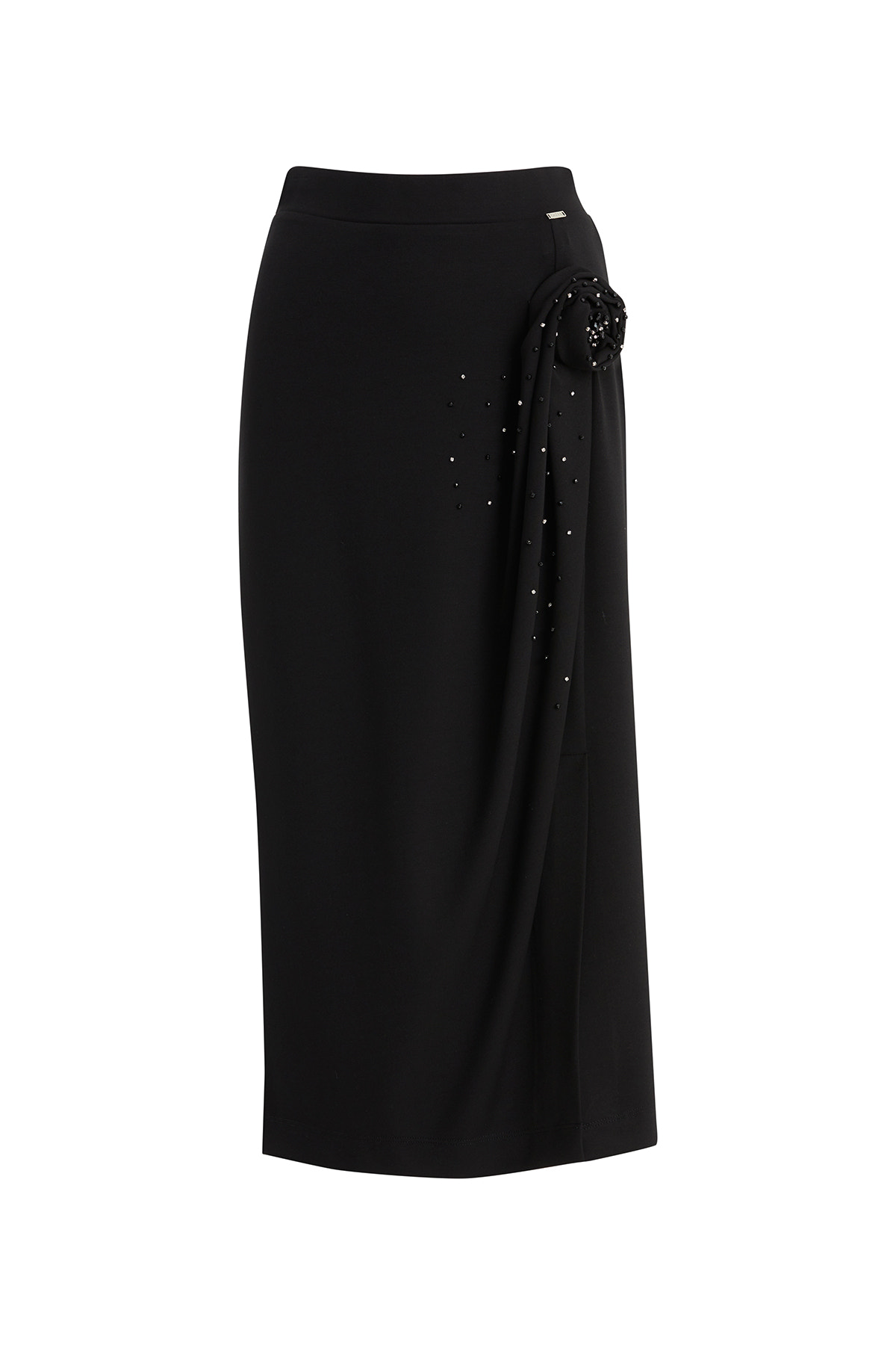 Gül Motifli İşlemeli Siyah Midi Etek