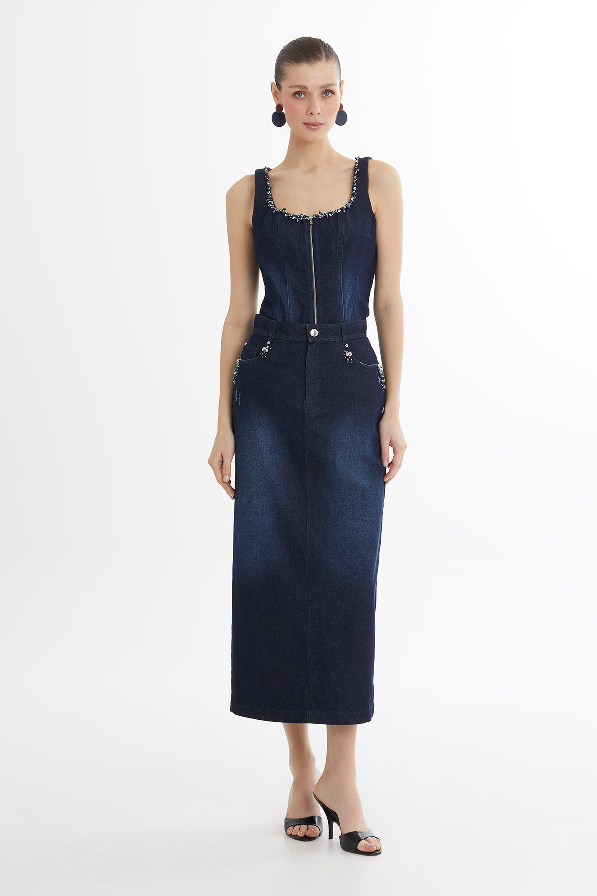 İşleme Detaylı Jean Kalem Etek