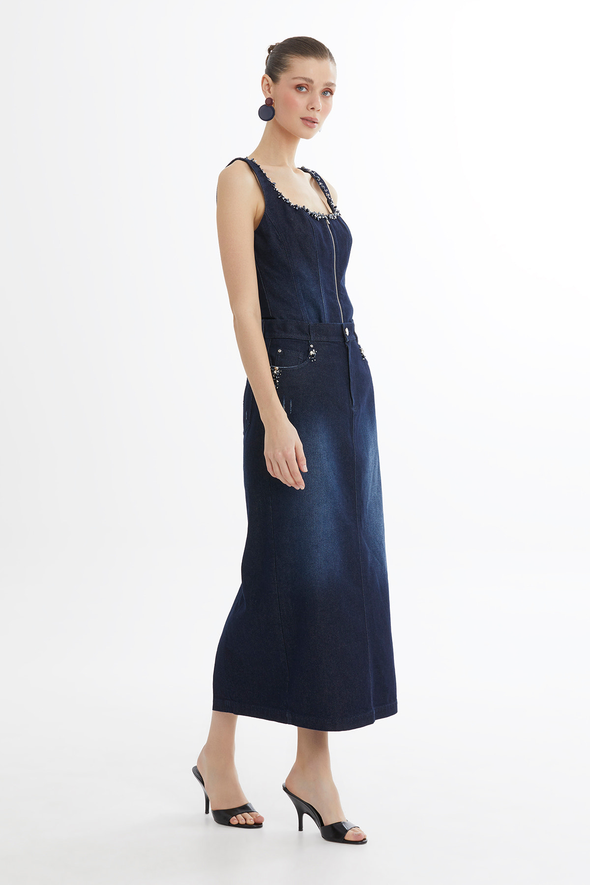 İşleme Detaylı Denim Kalem Etek