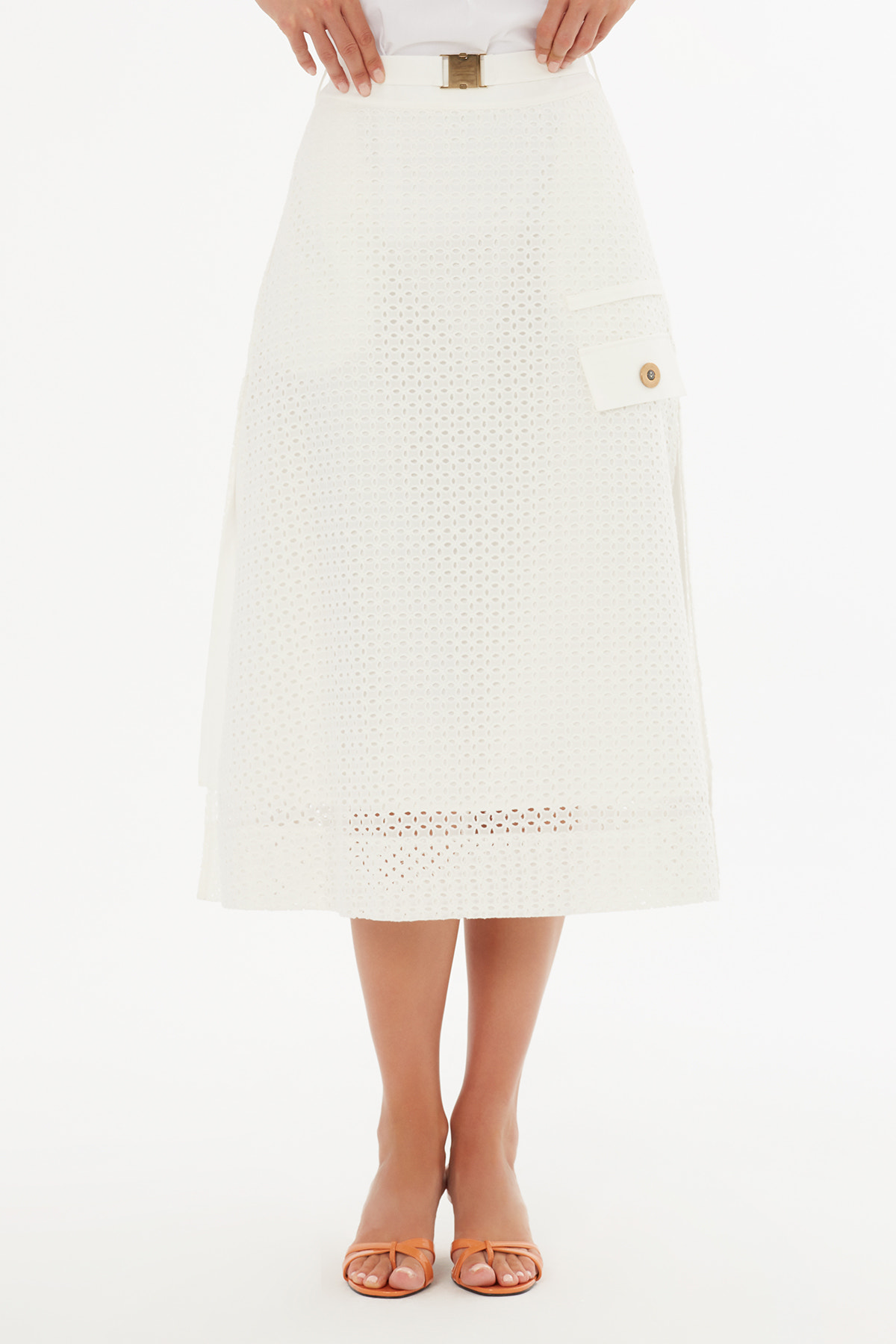 Kemerli Yanlardan Yırtmaçlı Ekru Midi Etek
