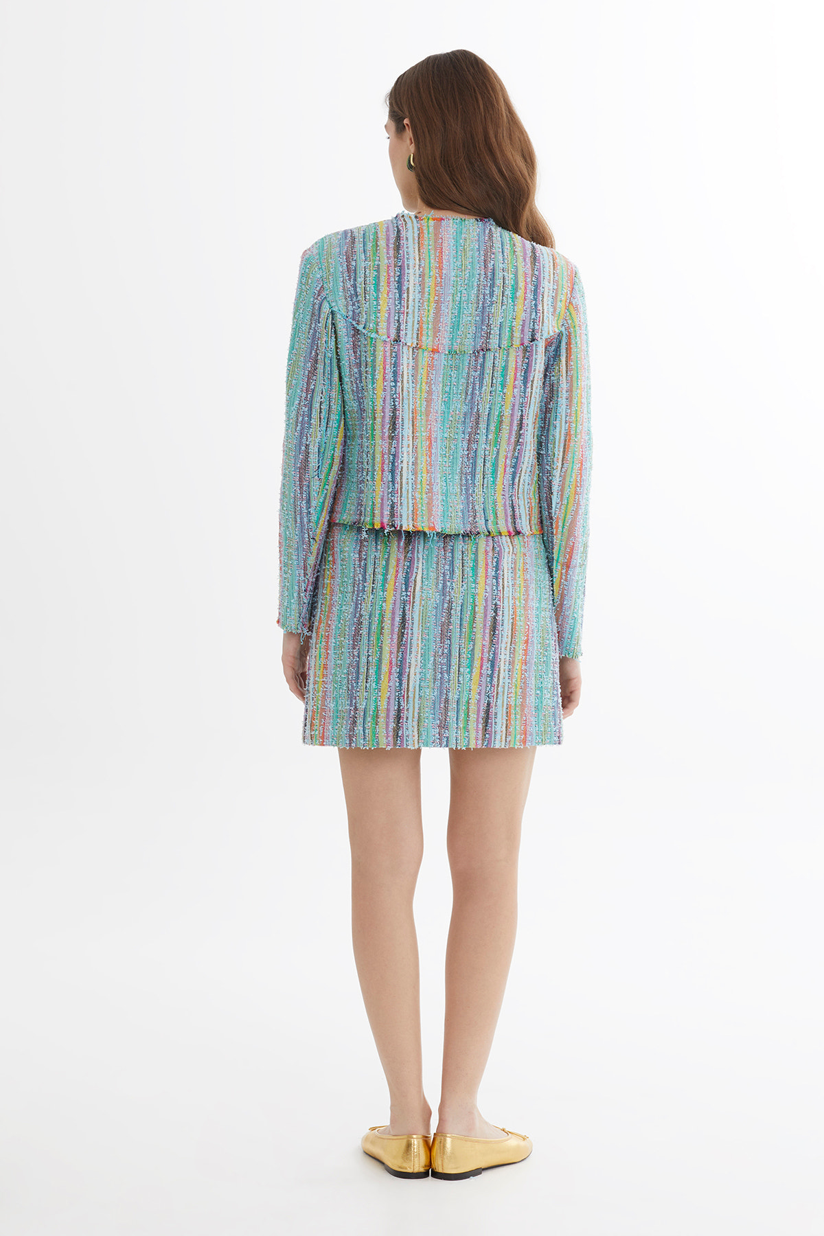 Vatkalı Agraflı Renkli Dokulu Mavi Ceket