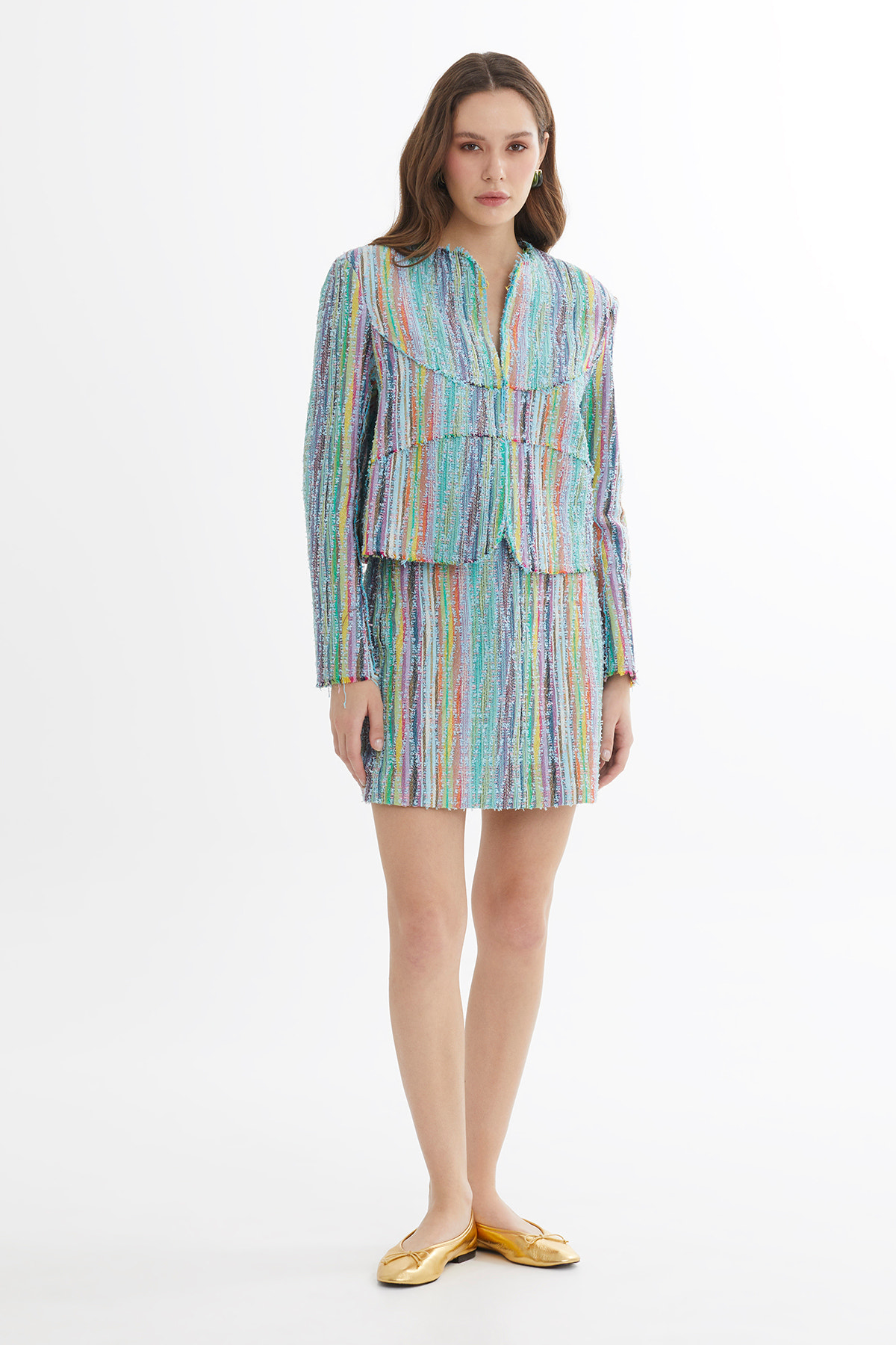 Vatkalı Agraflı Renkli Dokulu Mavi Ceket