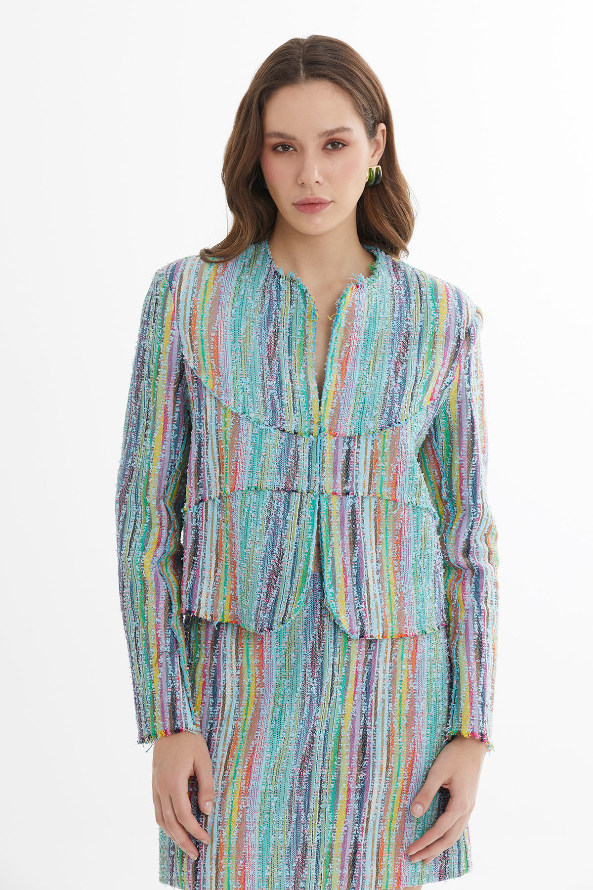 Vatkalı Agraflı Renkli Dokulu Mavi Ceket