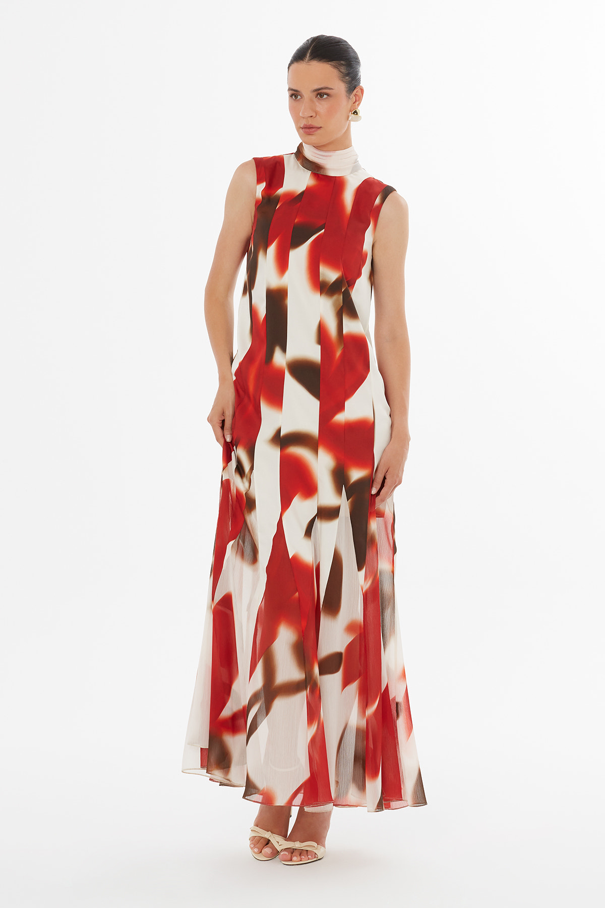 Şal Uçları İşlemeli Desenli Maxi Elbise