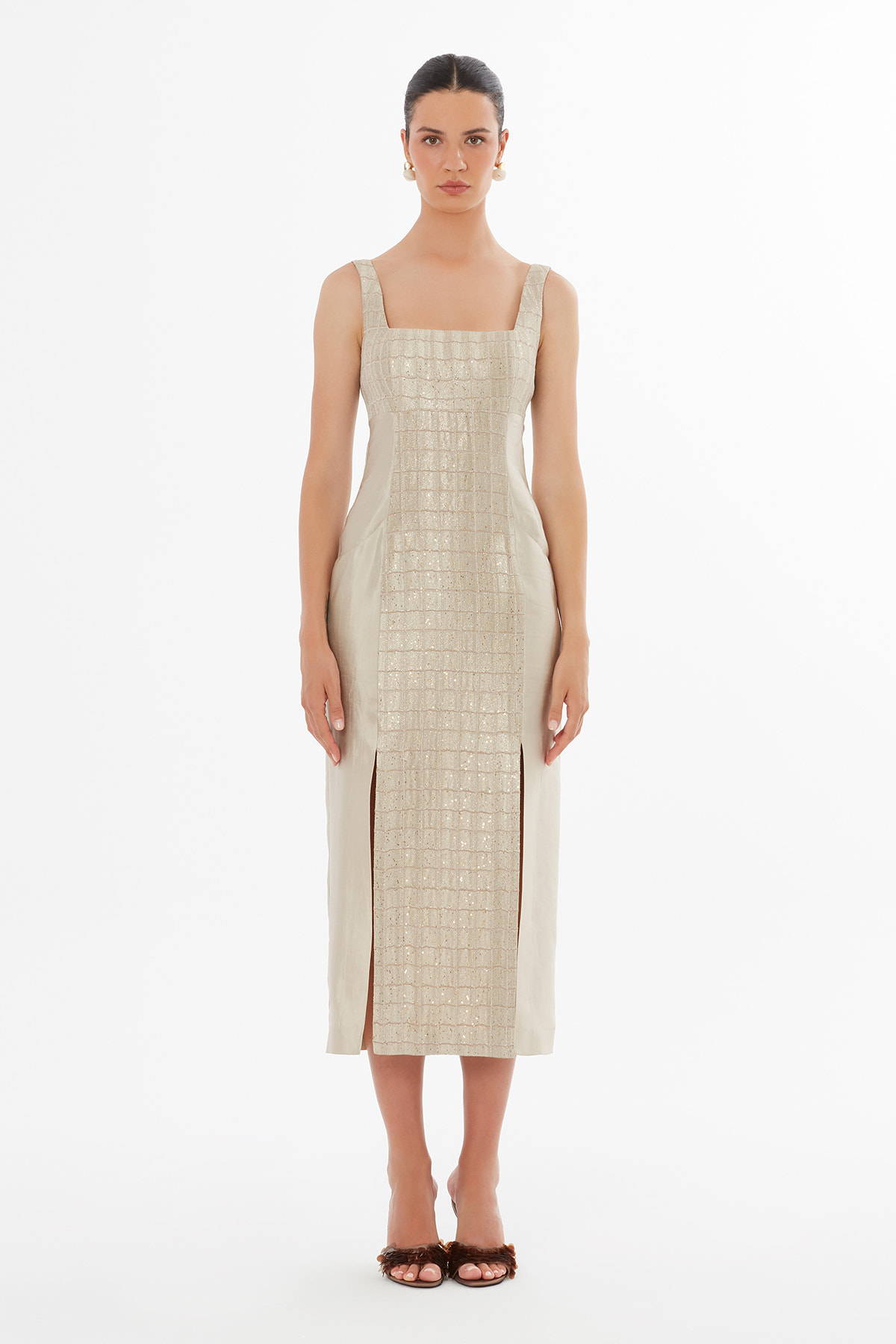 Torba Cepli Kare Yaka Bej Maxi Elbise