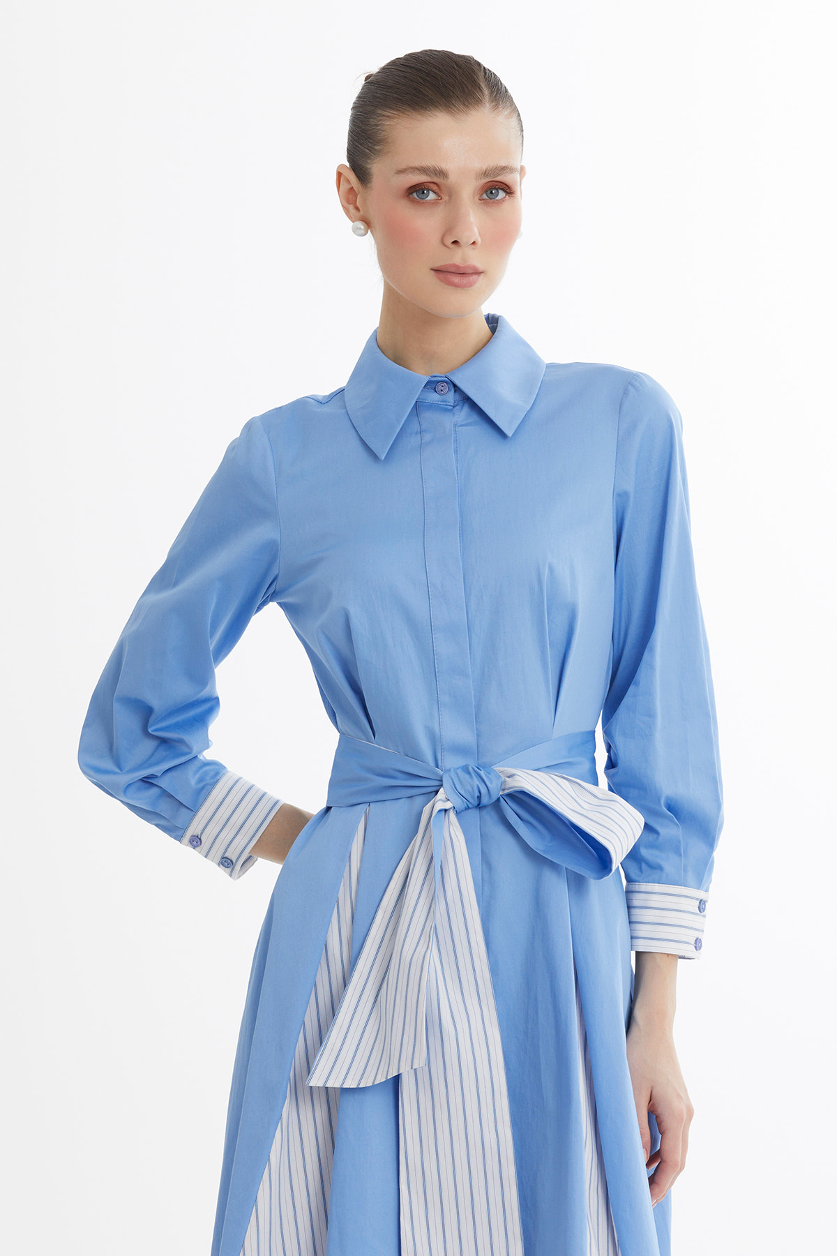 Kuşaklı Gömlek Mavi Elbise