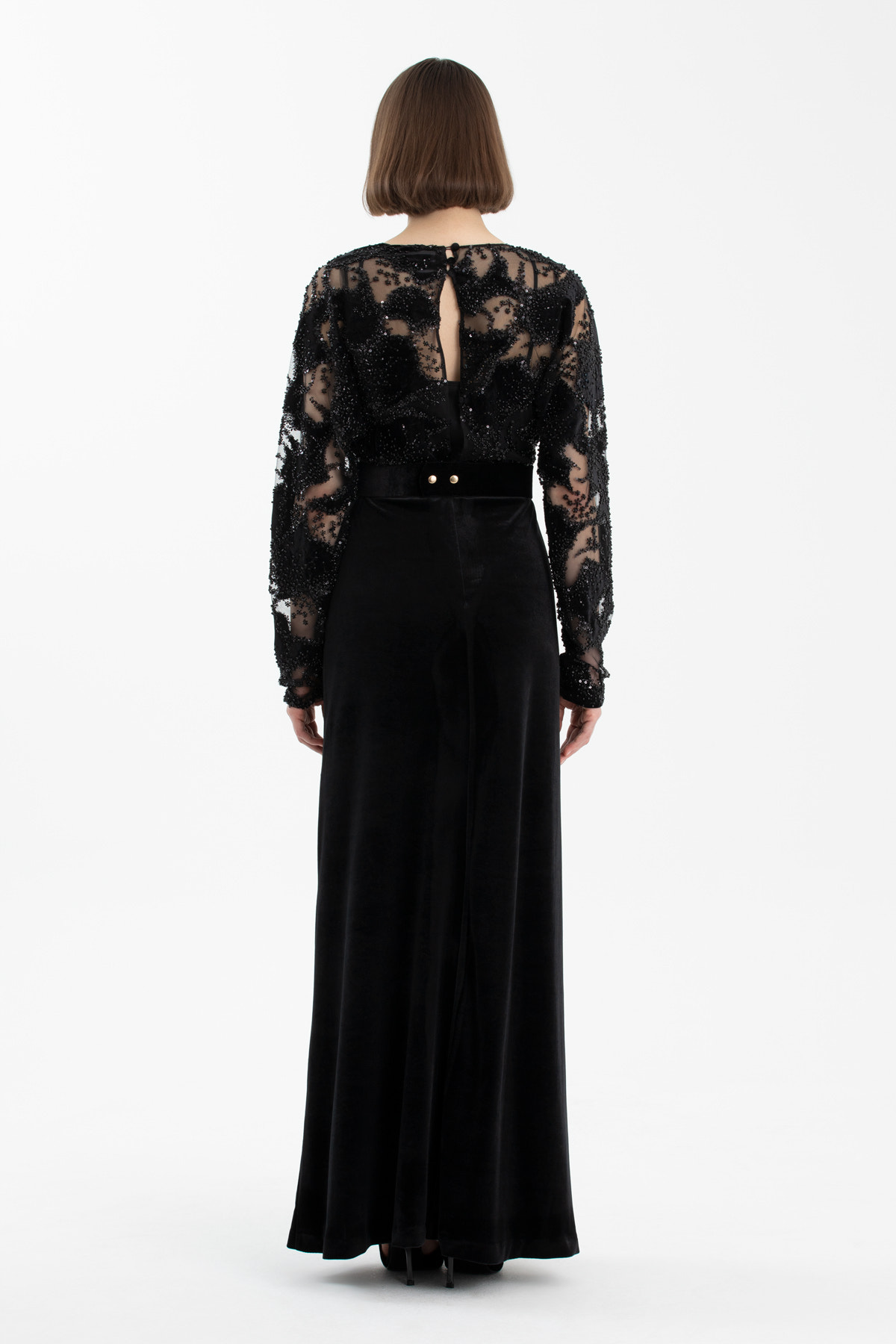 Kemer Detaylı Siyah Uzun Elbise