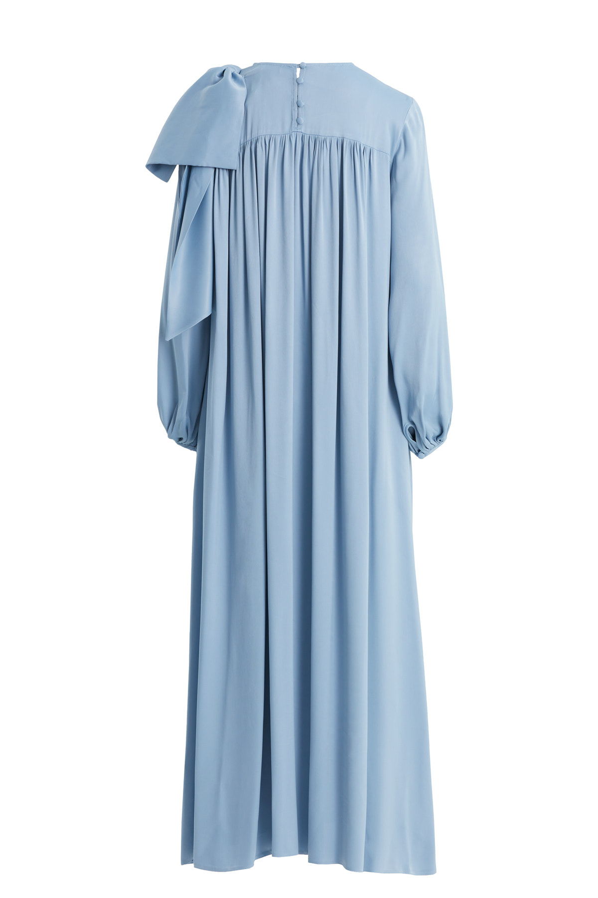 Omuzda İşlemeli Fiyonk Detaylı Mavi Elbise