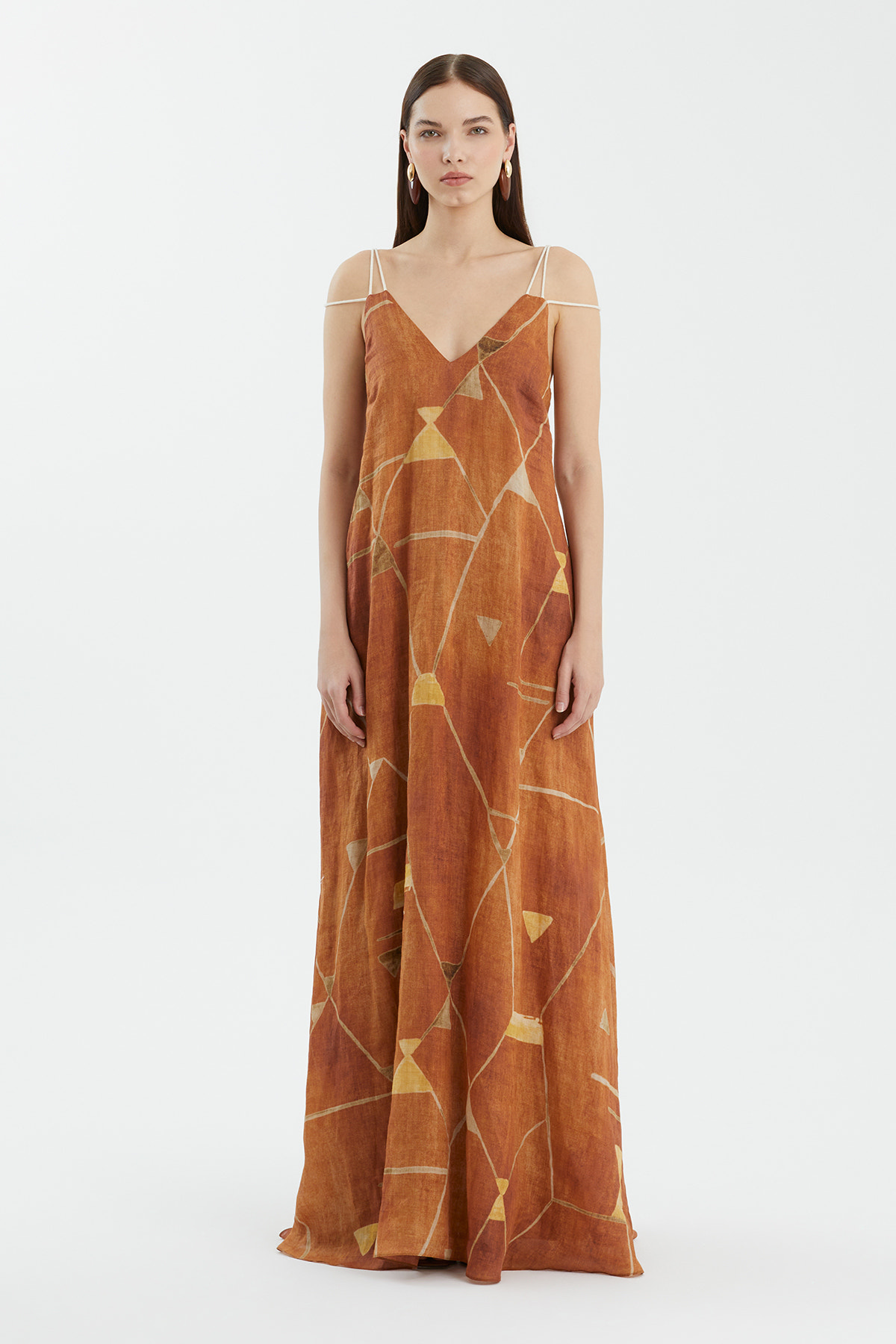 Askılı Desenli Bol Kahverengi Elbise