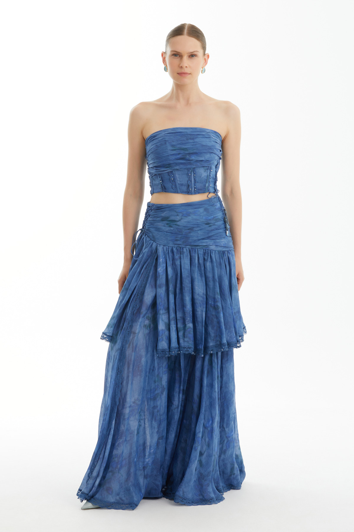 Drape Detaylı Bağcıklı Straplez Mavi Bluz