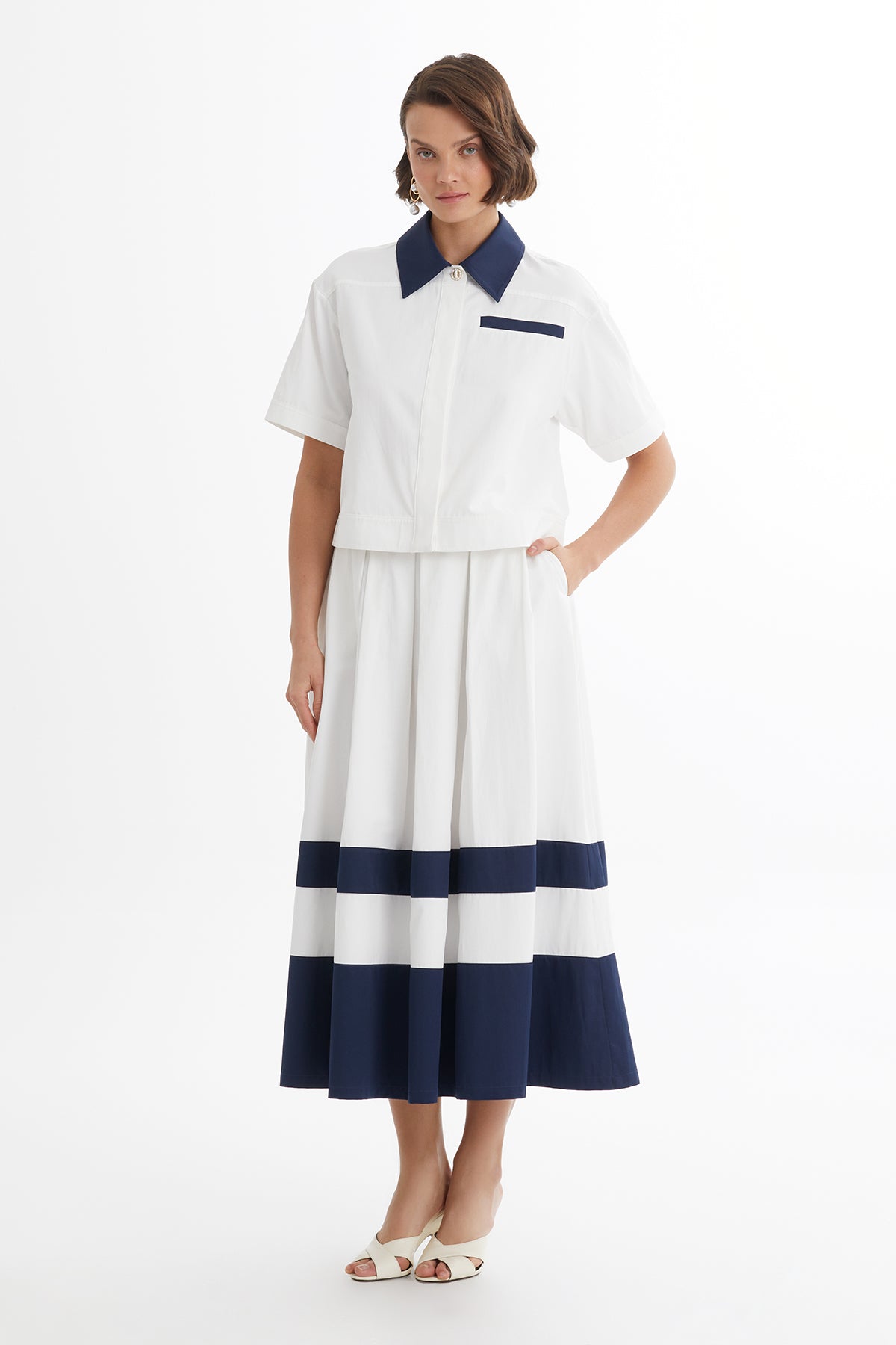 Kontrast Şeritli Midi Ekru Takım