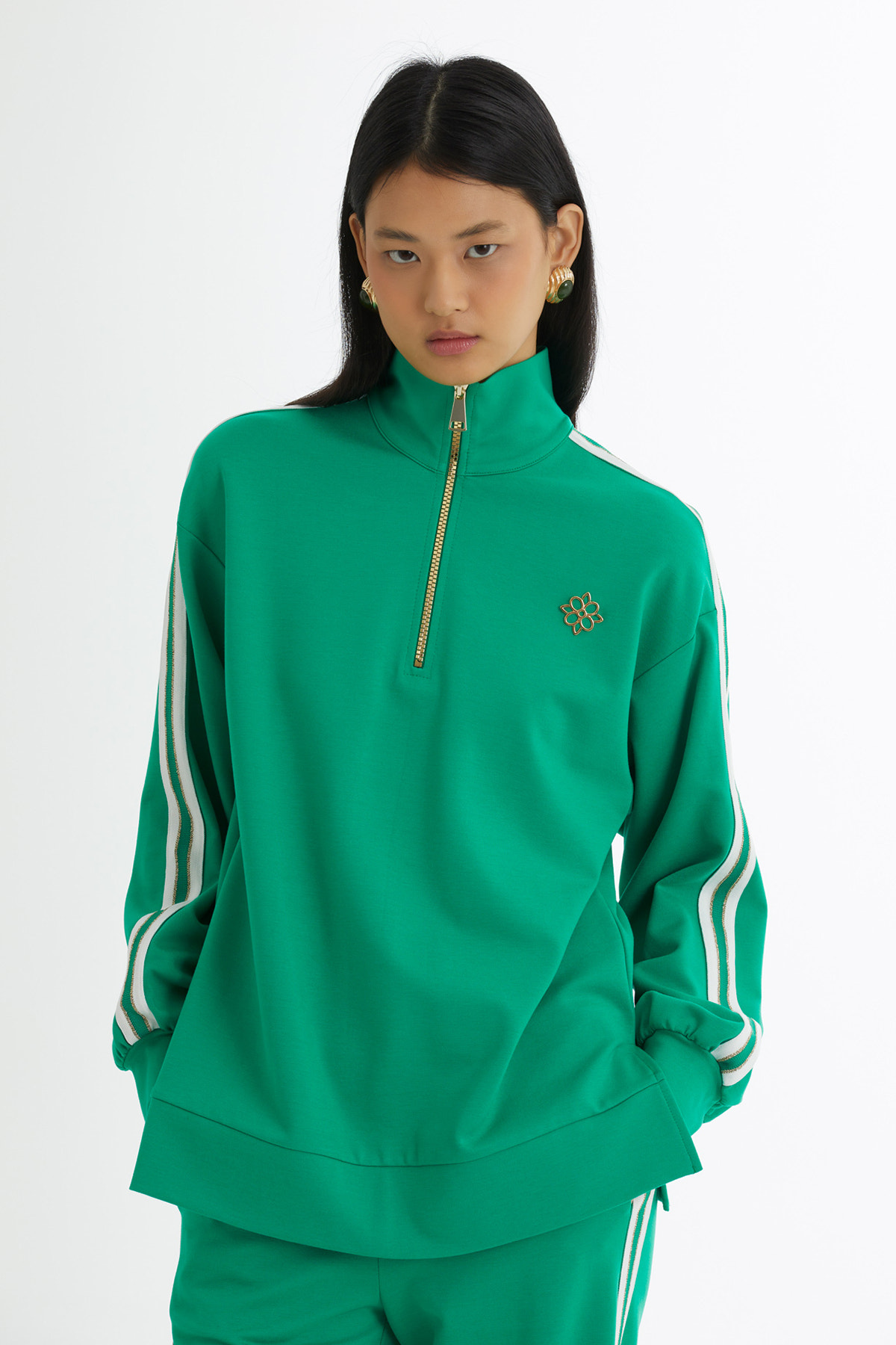 Triko Detaylı Üst Ve Pantolonlu Yeşil Eşofman Takımı