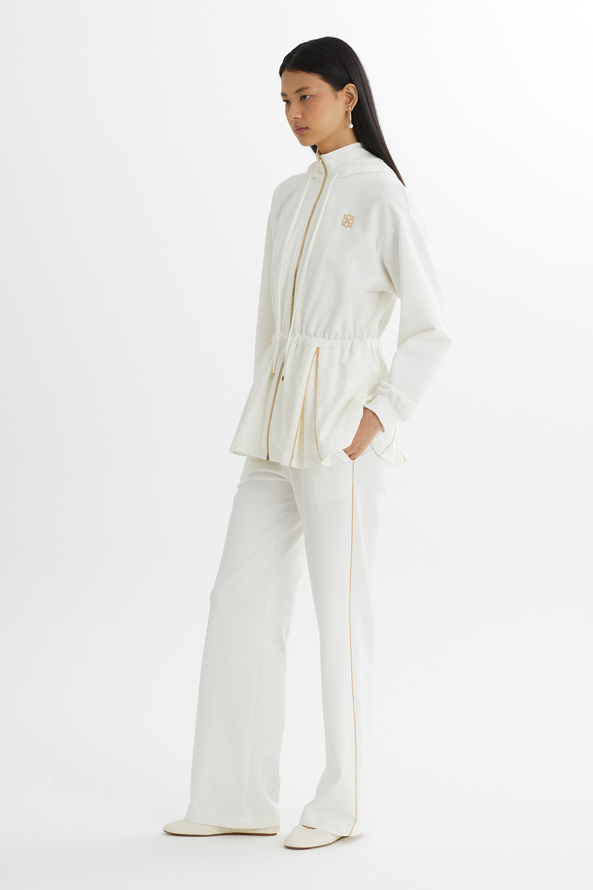 Kapüşonlu Beli Büzgülü Ekru Eşofman Takımı