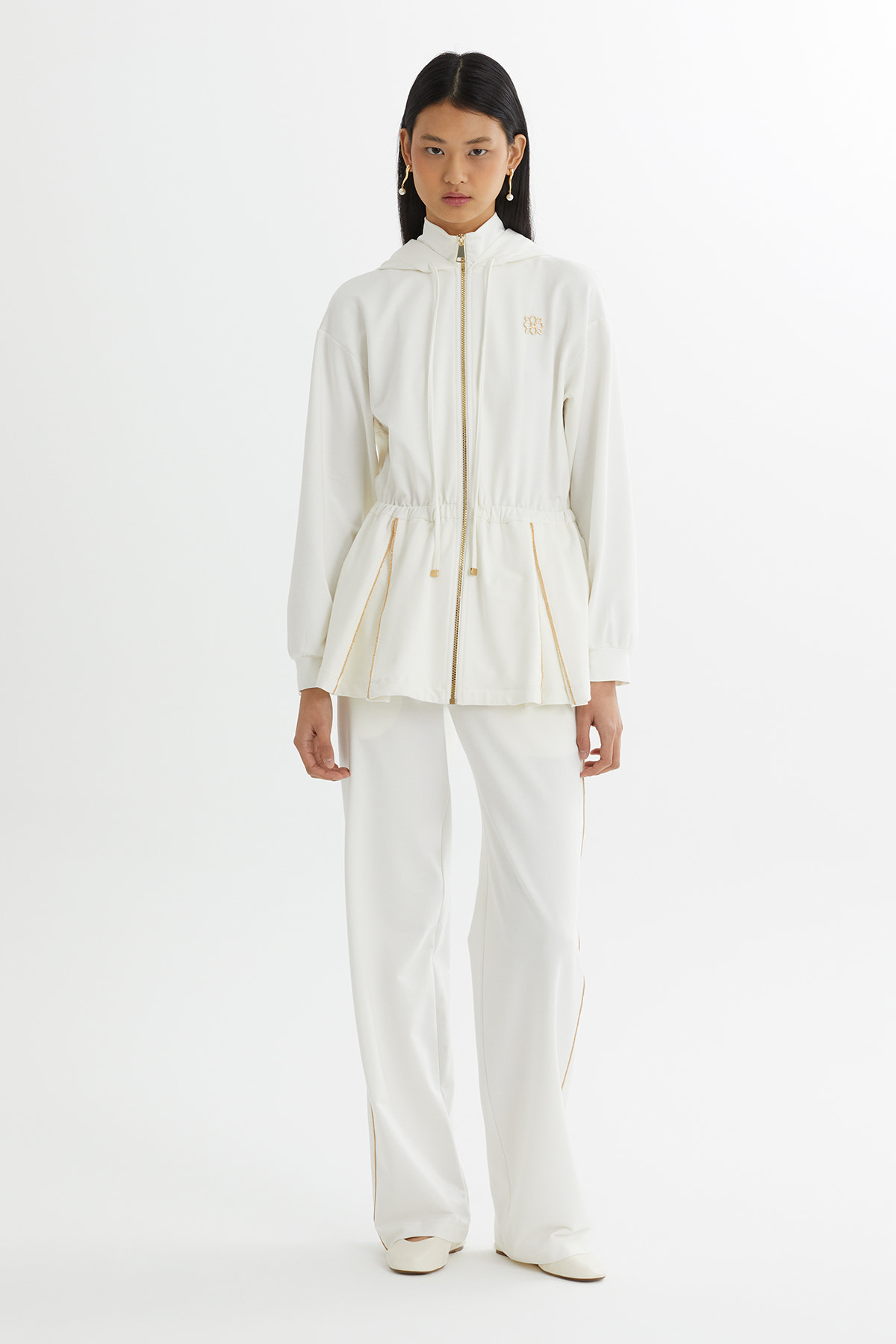 Kapüşonlu Beli Büzgülü Ekru Eşofman Takımı