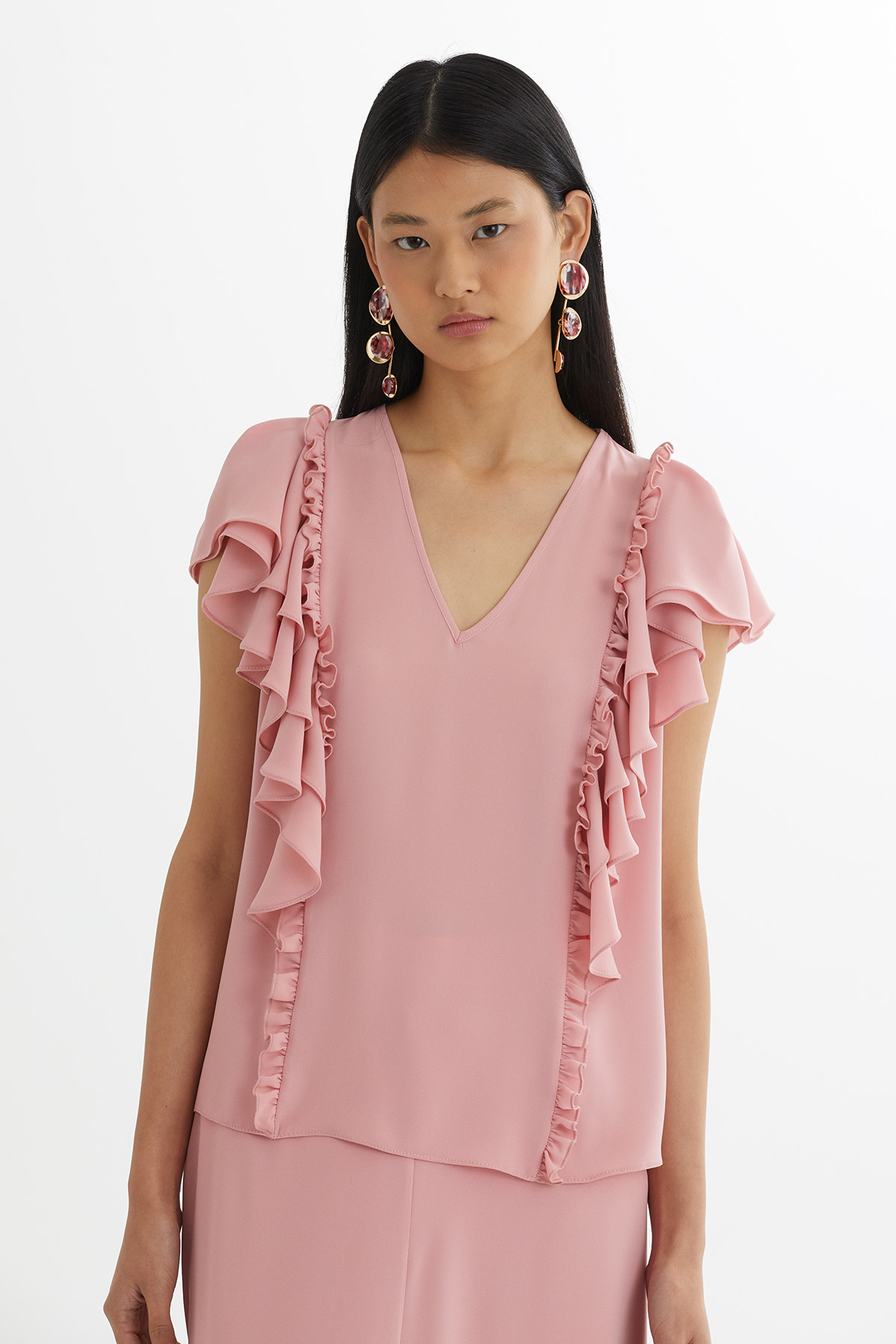 Volanlı Bluz Ve Büzgülü Etekli Pembe Takım