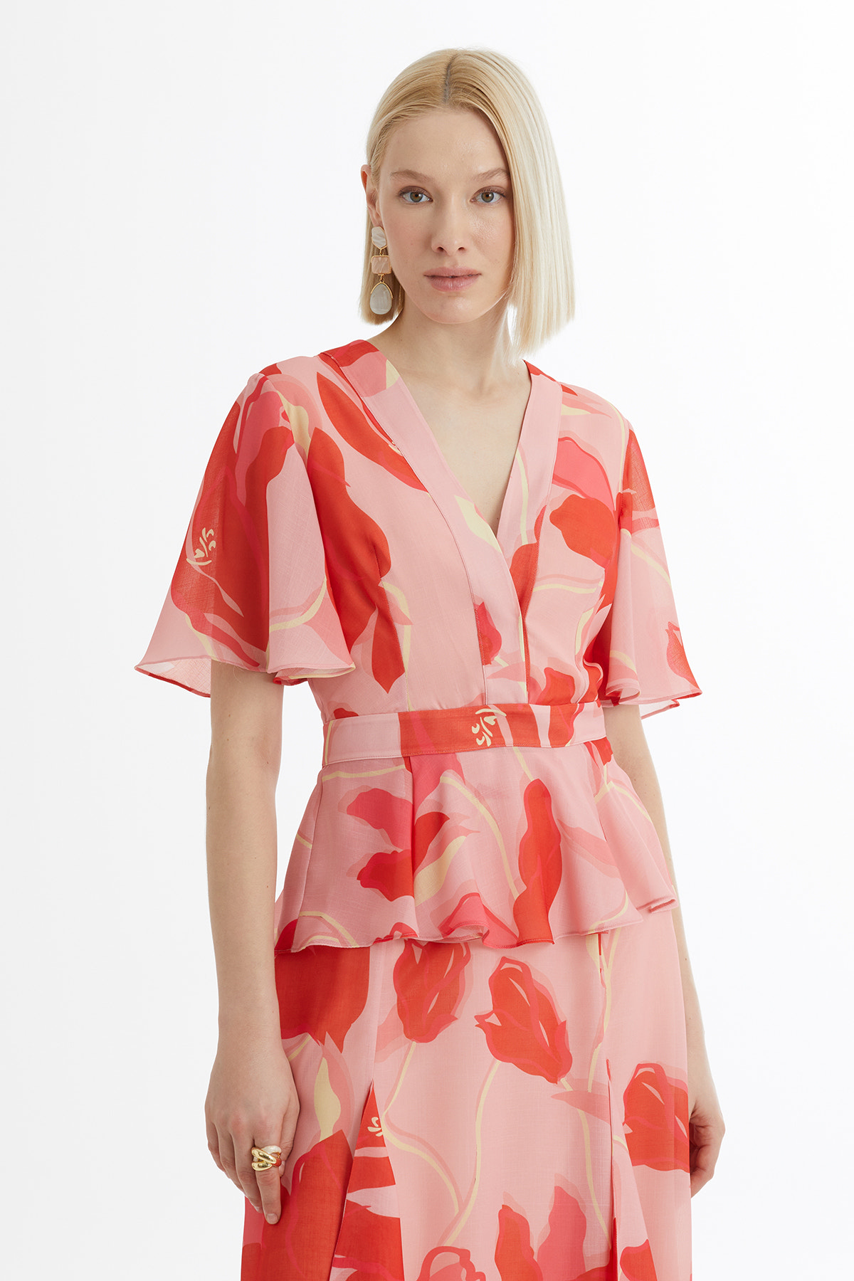 Desenli Bluz Ve Volanlı Etekli Pembe Takım