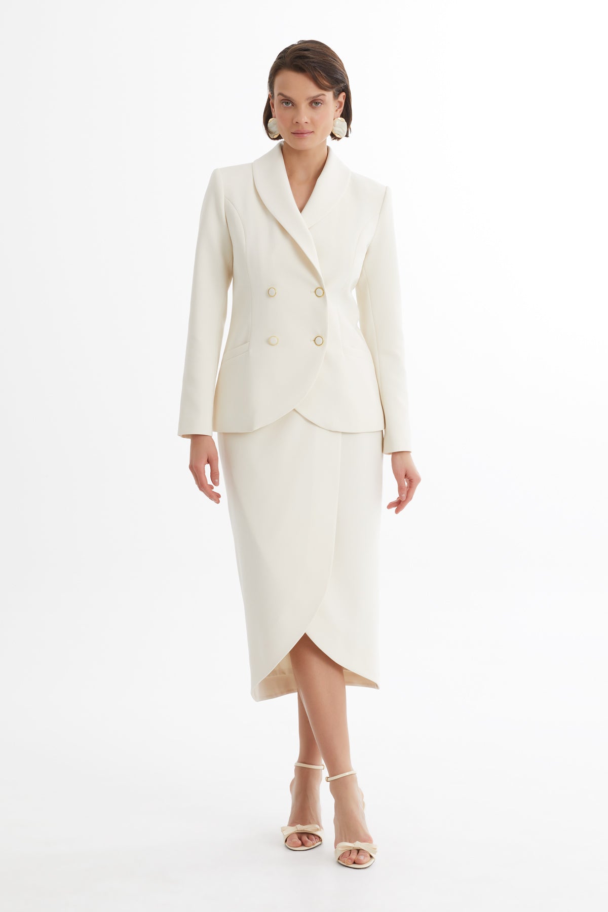 Kruvaze Ceket Ve Asimetrik Etek Ekru Takım