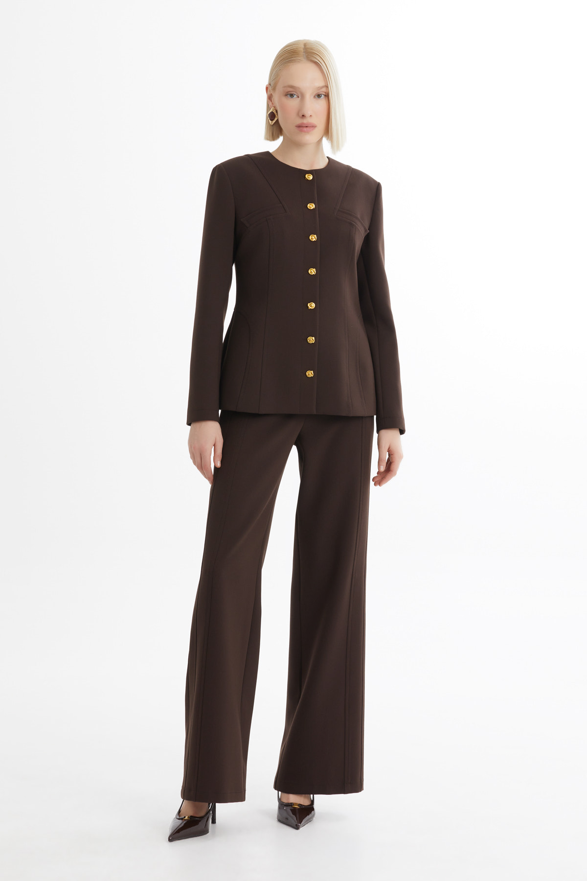 Bisiklet Yaka Ceket Ve Pantolonlu Kahverengi Takım